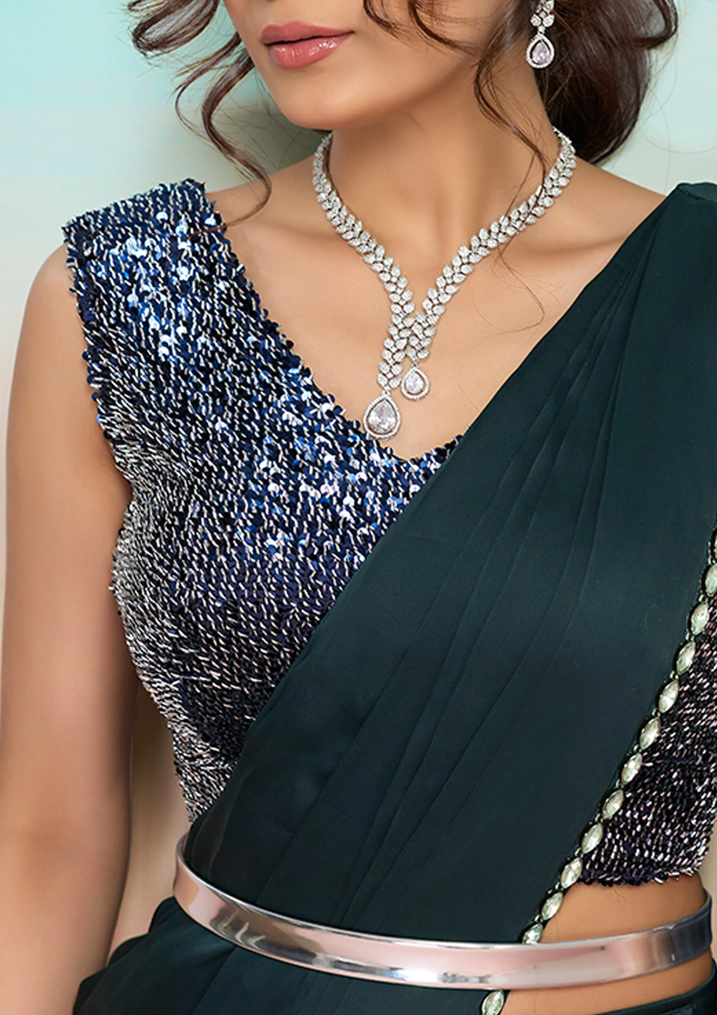 Navy Blue Floral Embroidered Satin Silk Draped Saree - Image 2