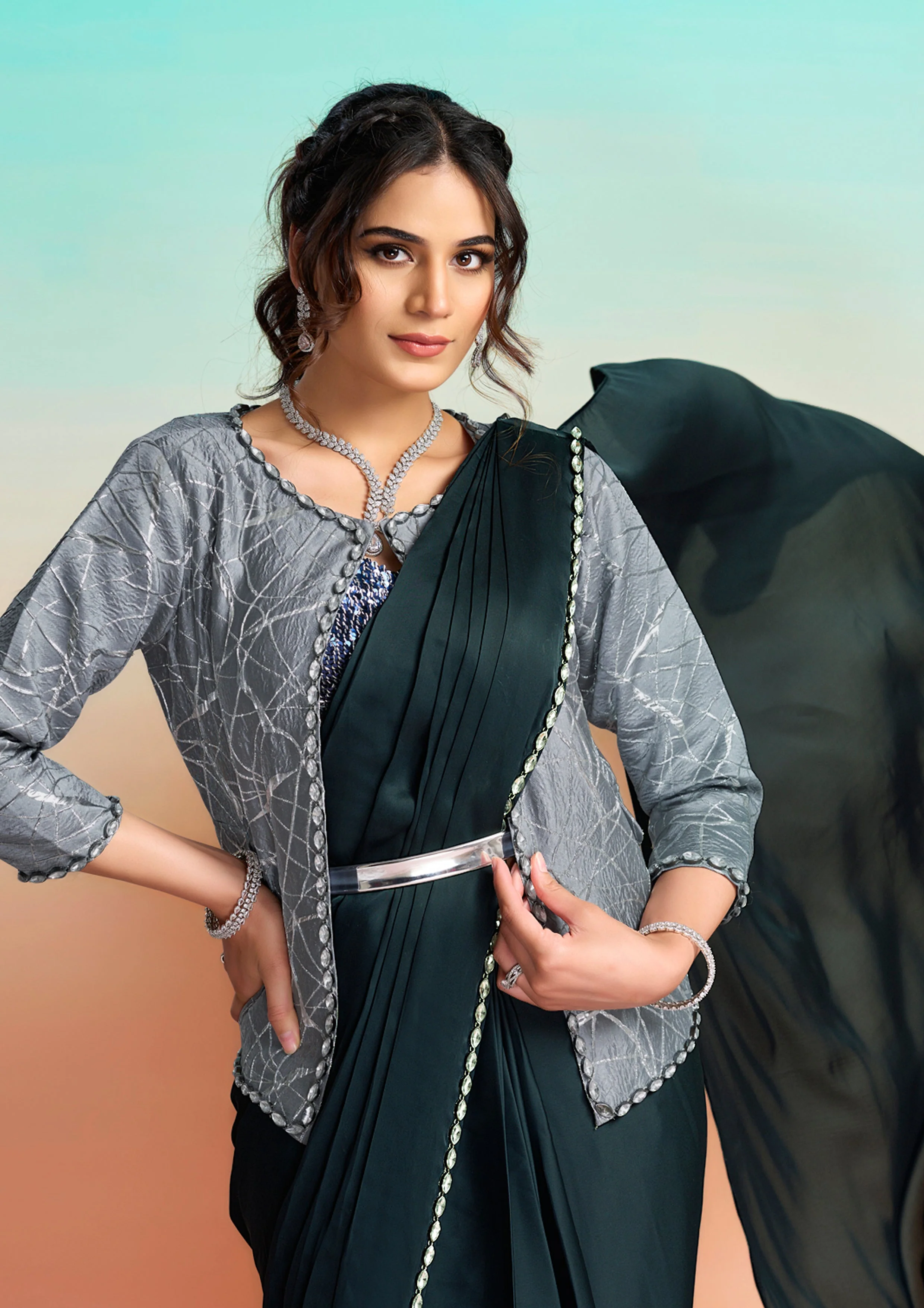 Navy Blue Floral Embroidered Satin Silk Draped Saree - Image 4