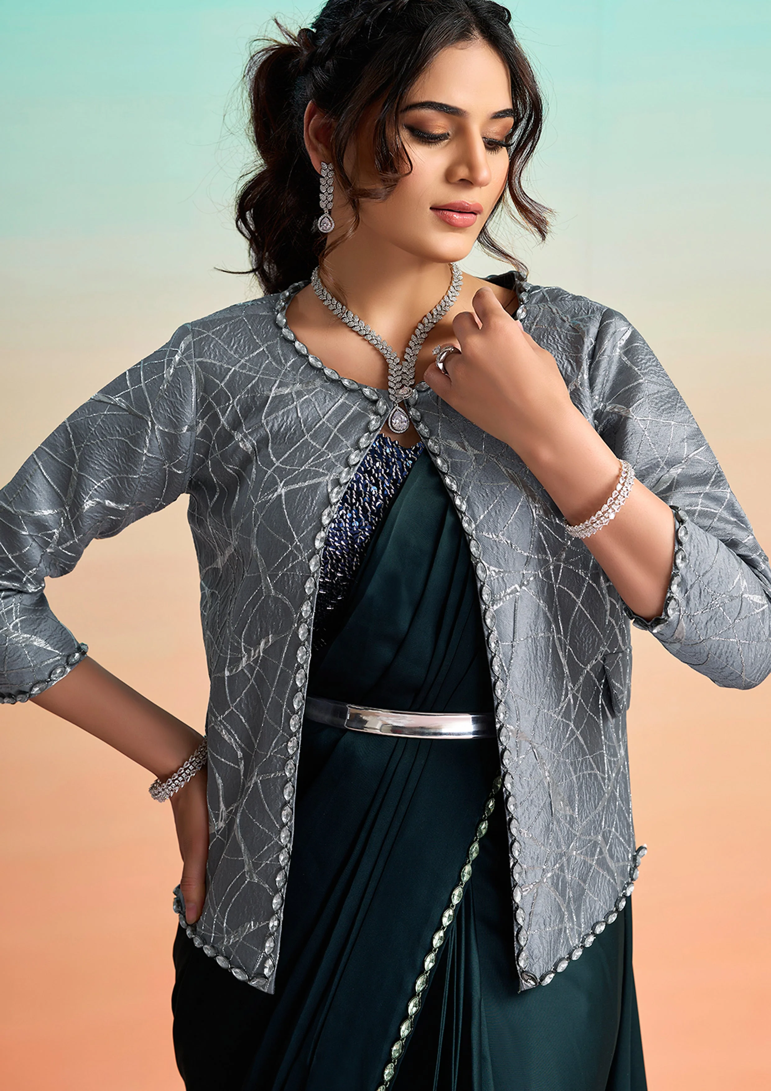 Navy Blue Floral Embroidered Satin Silk Draped Saree - Image 6