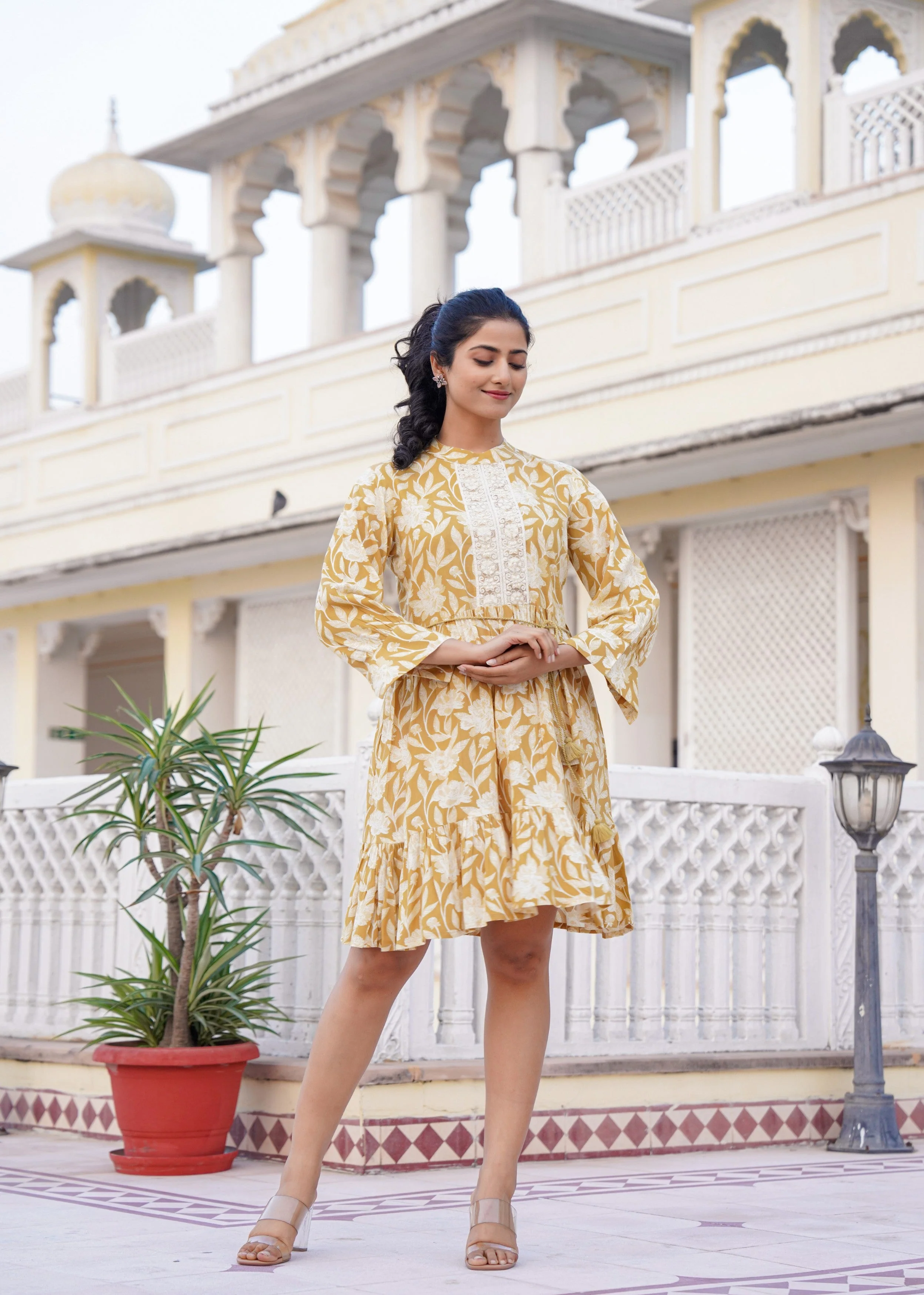 Mustard Yellow Floral Embroidered Cotton Dress - Image 3