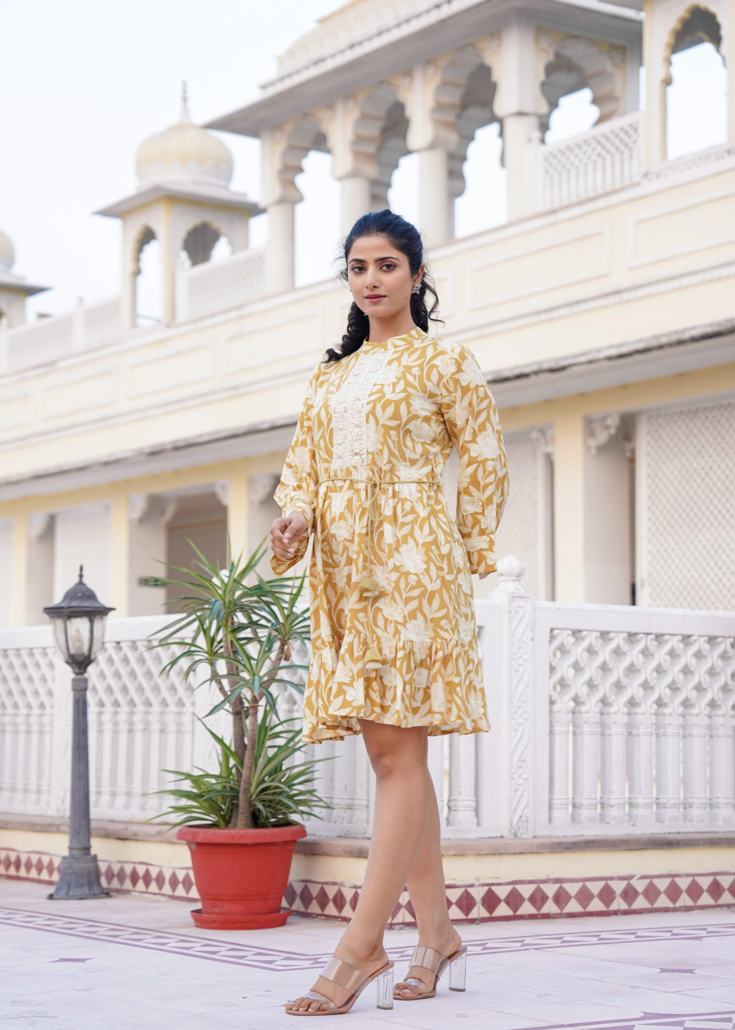 Mustard Yellow Floral Embroidered Cotton Dress - Image 4
