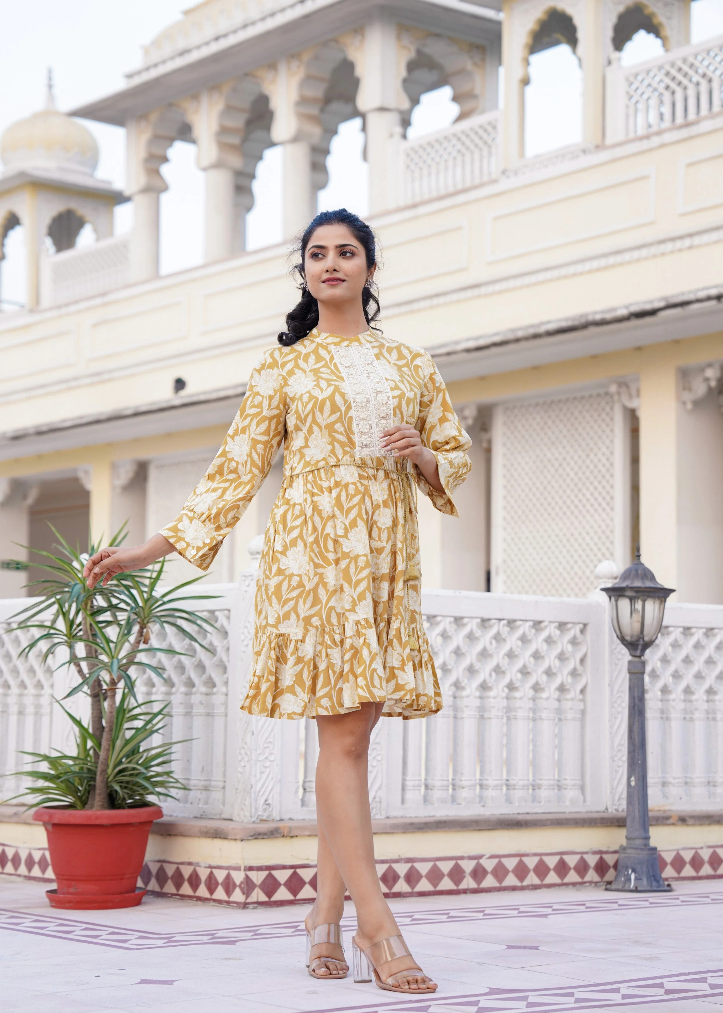 Mustard Yellow Floral Embroidered Cotton Dress - Image 5