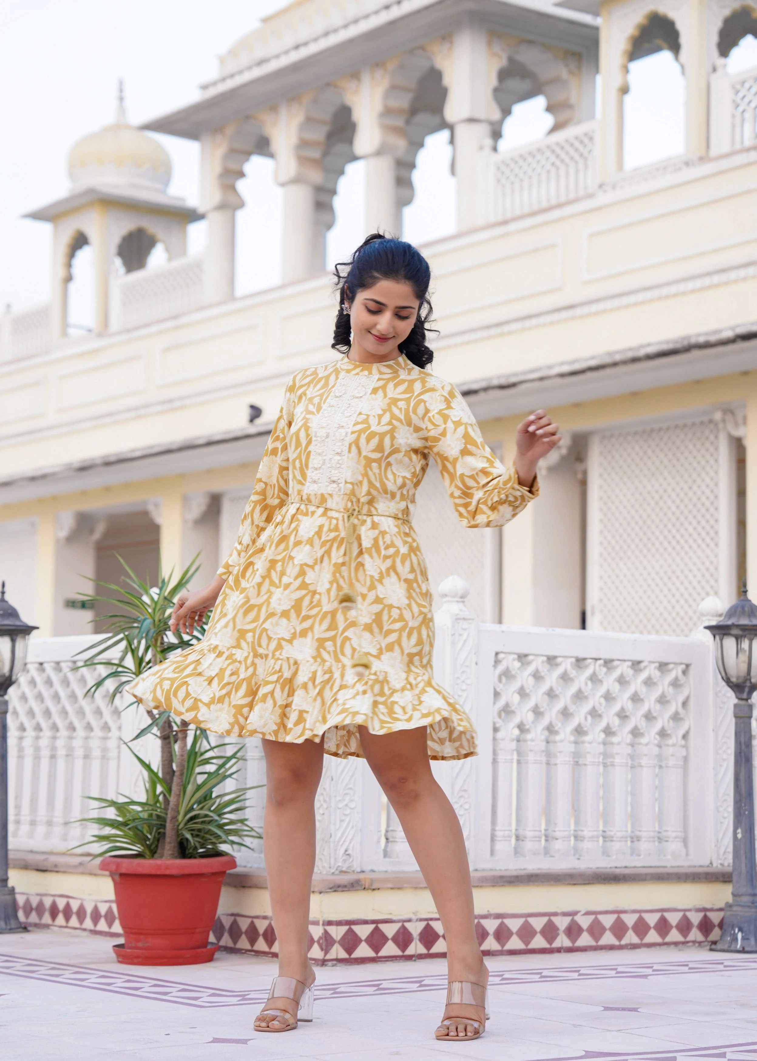 Mustard Yellow Floral Embroidered Cotton Dress - Image 6