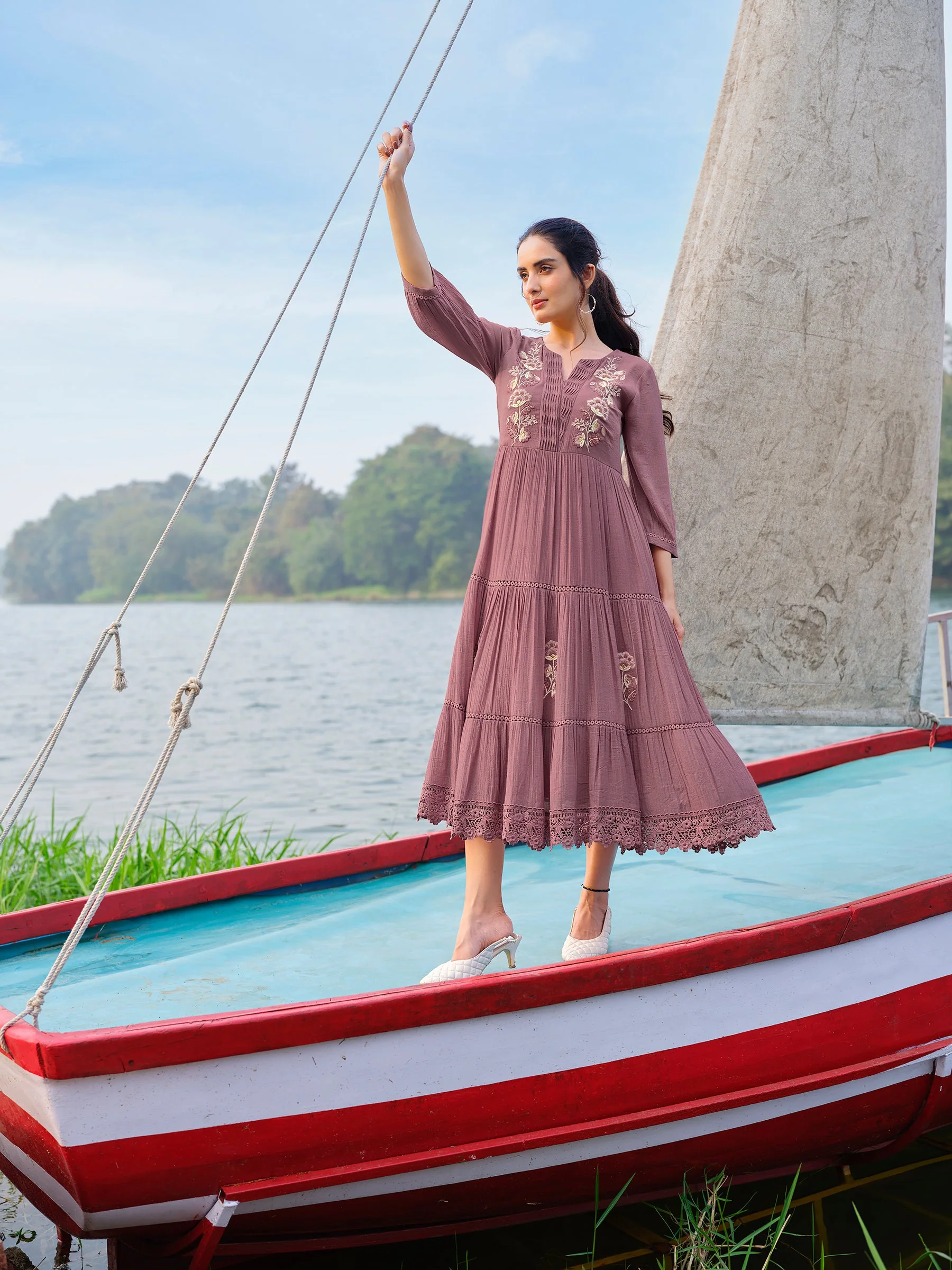 Dusty Mauve Floral Embroidered Viscose Silk Dress