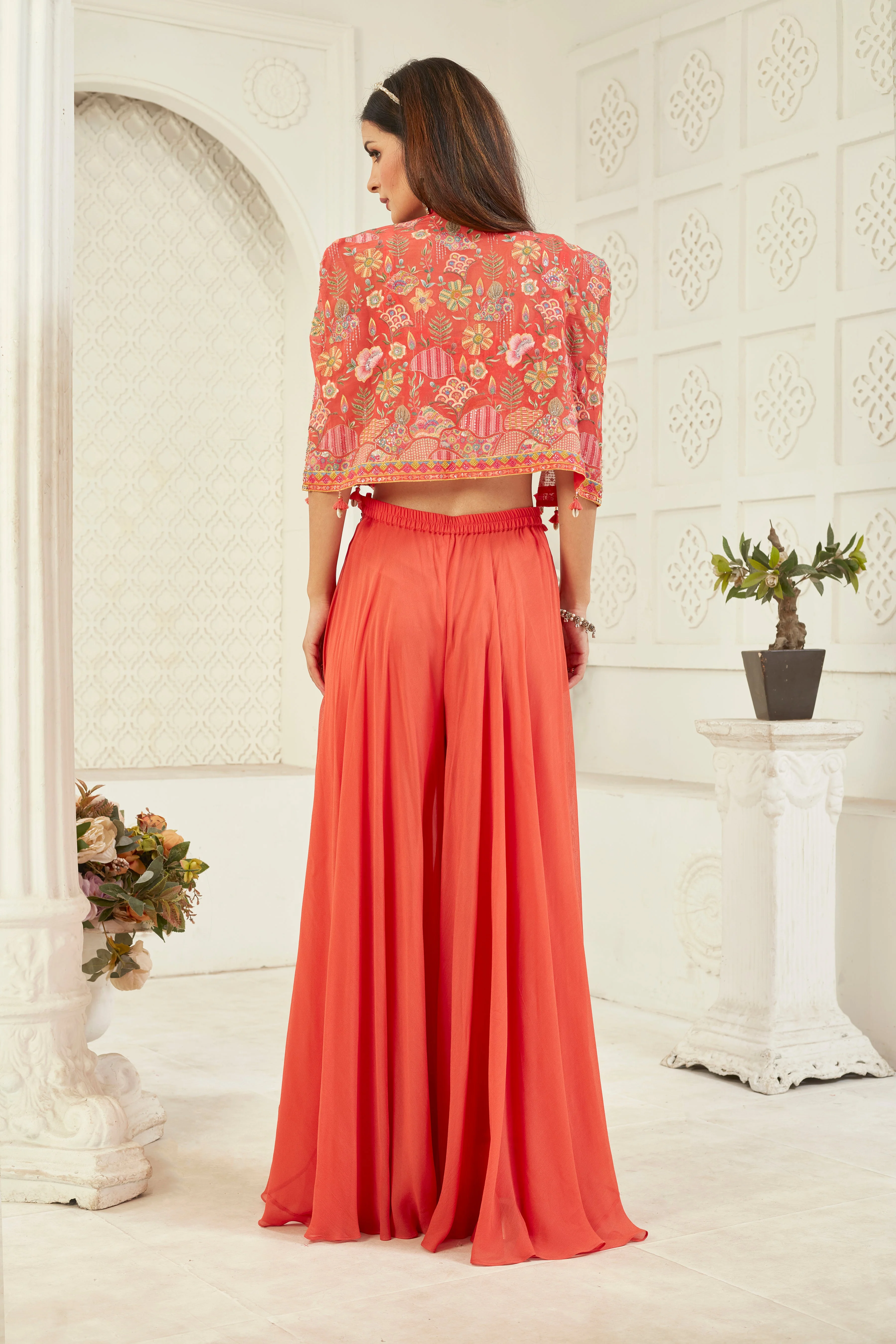 Floral Orange Embellished Georgette Silk Cape Set - Image 4