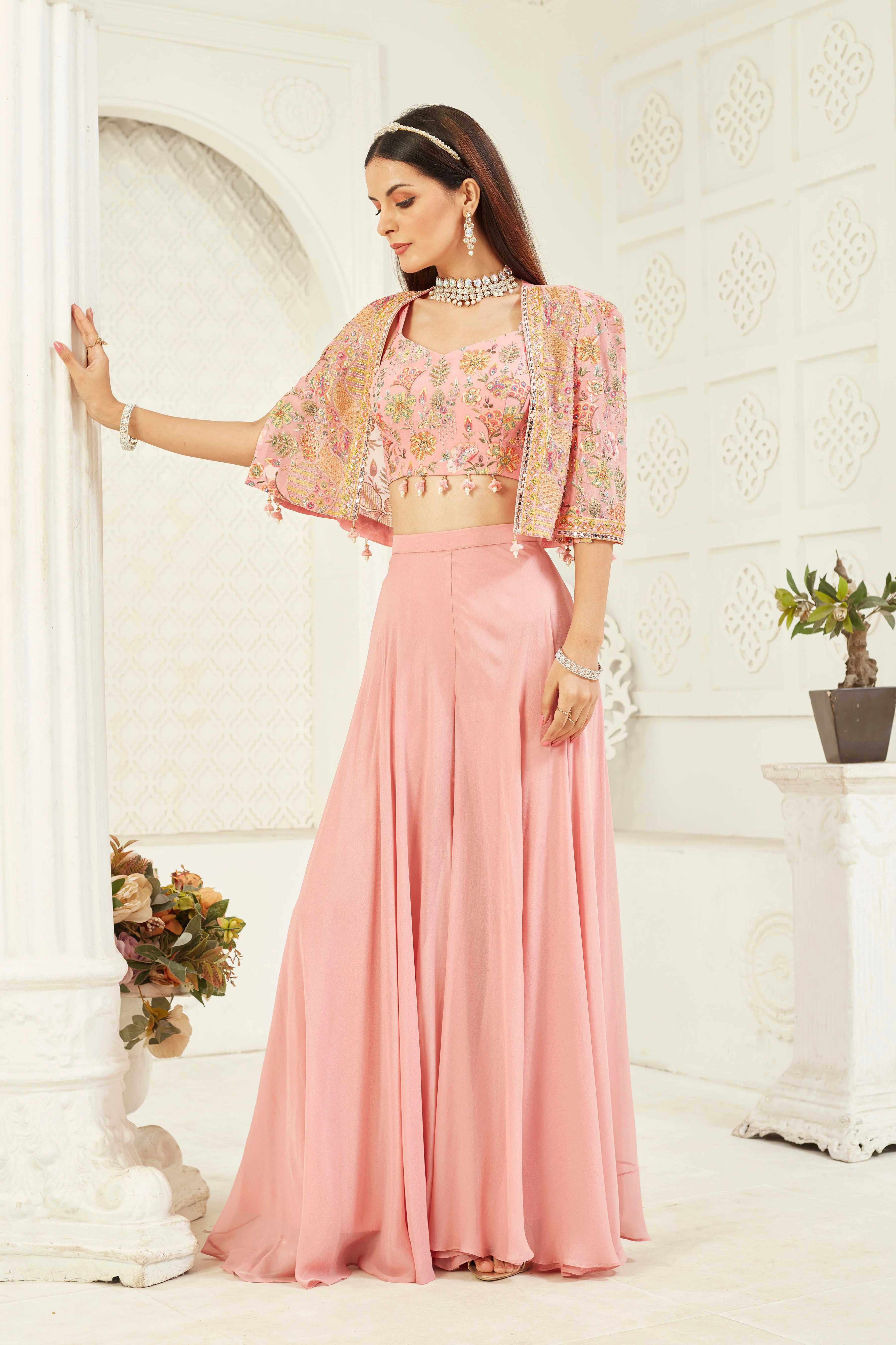 Floral Pink Embellished Georgette Silk Cape Set - Image 3