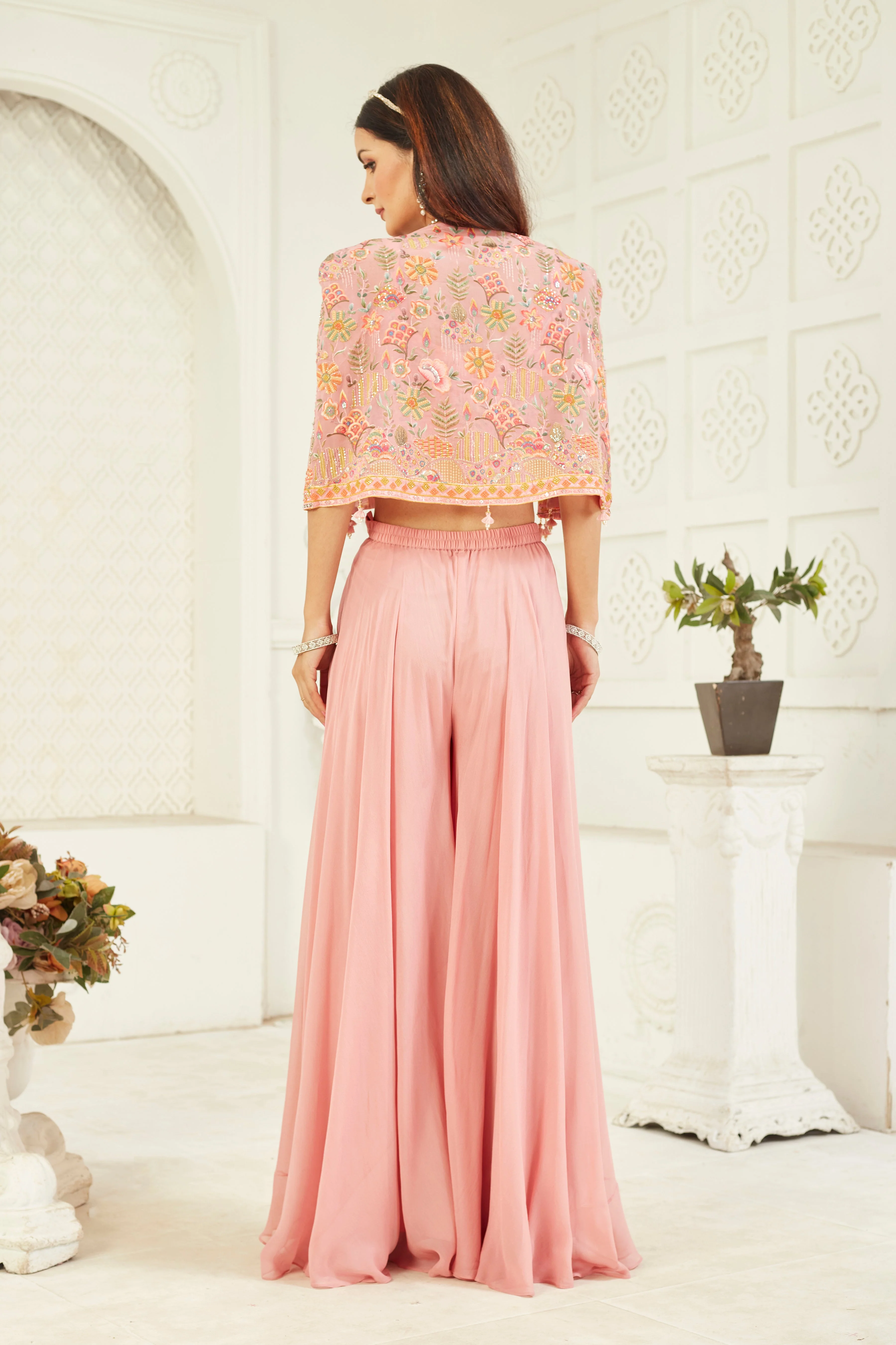 Floral Pink Embellished Georgette Silk Cape Set - Image 4