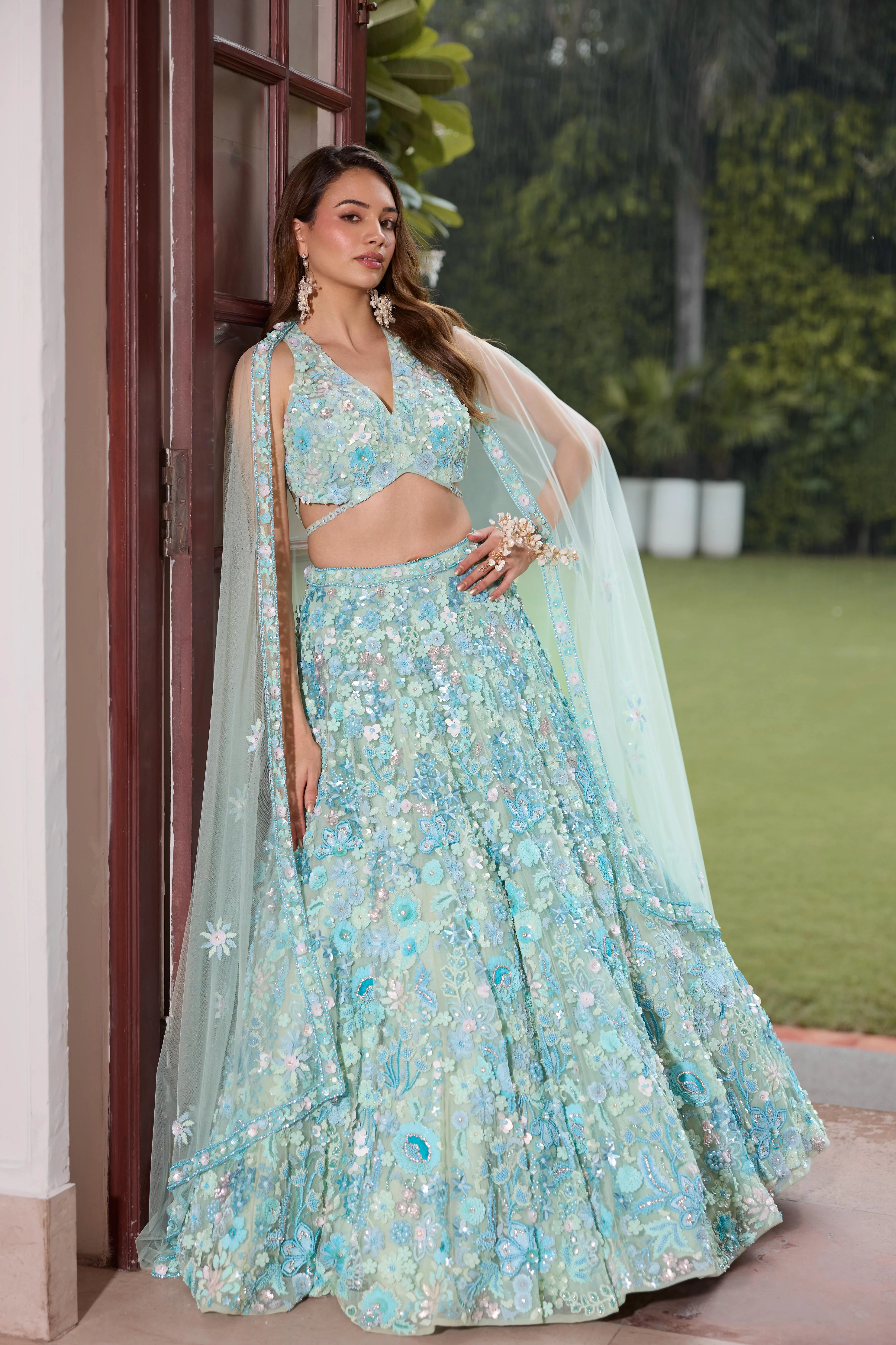 Aqua Pastel Blue Embellished Premium Lehenga Set - Image 3