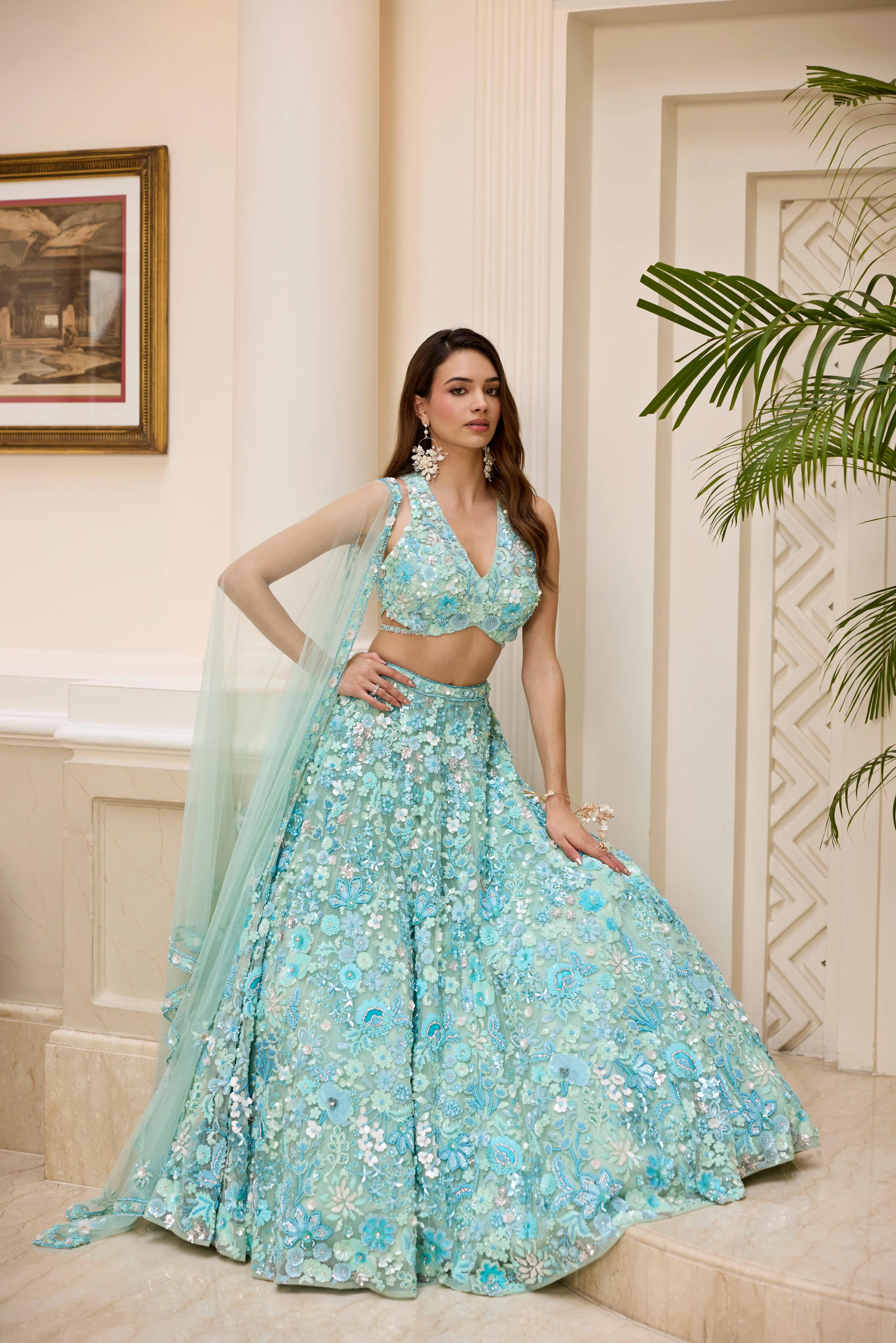 Aqua Pastel Blue Embellished Premium Lehenga Set - Image 4
