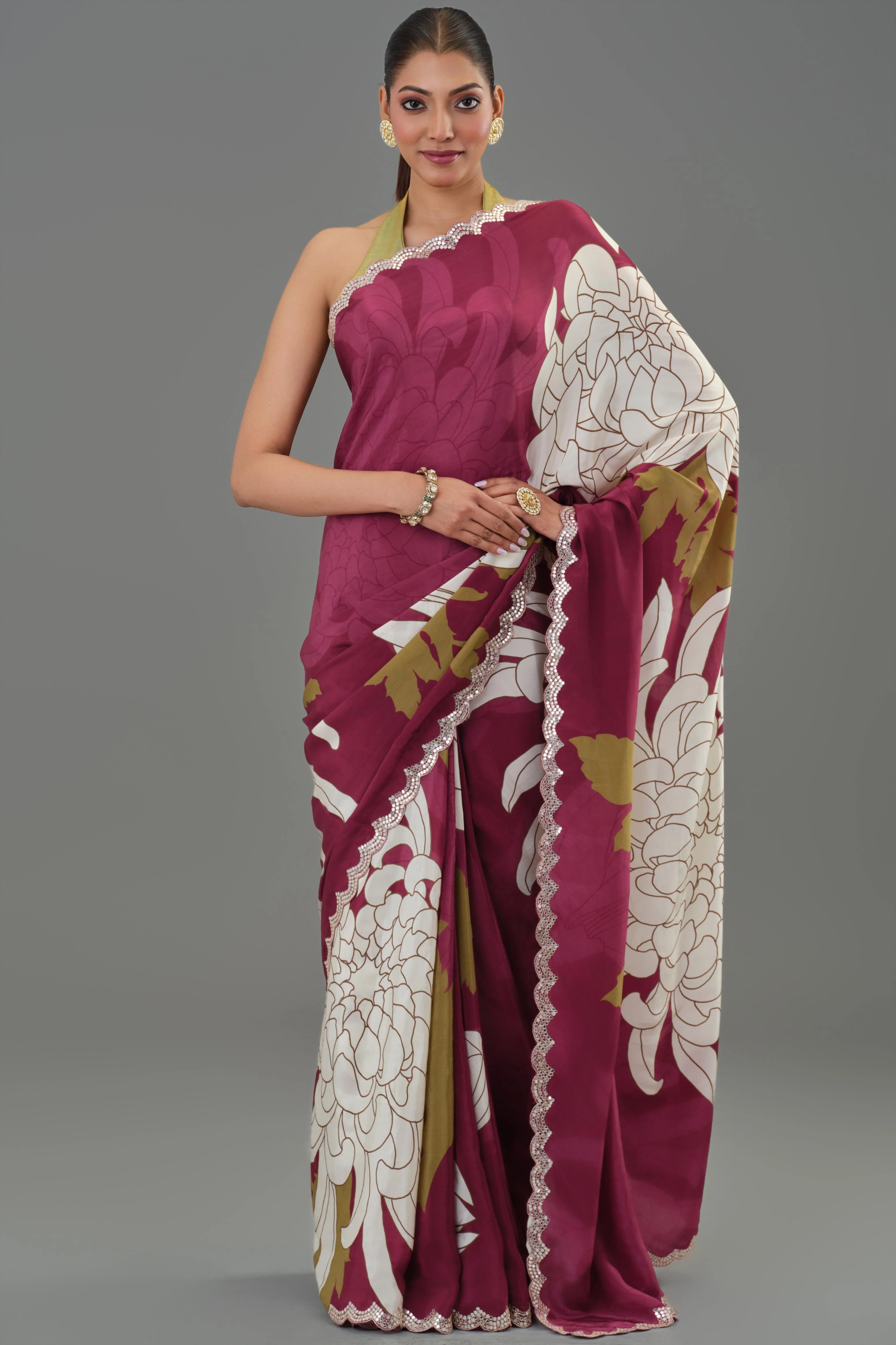 Fine Wine Floral Printed Chinon Silk Saree - Image 2
