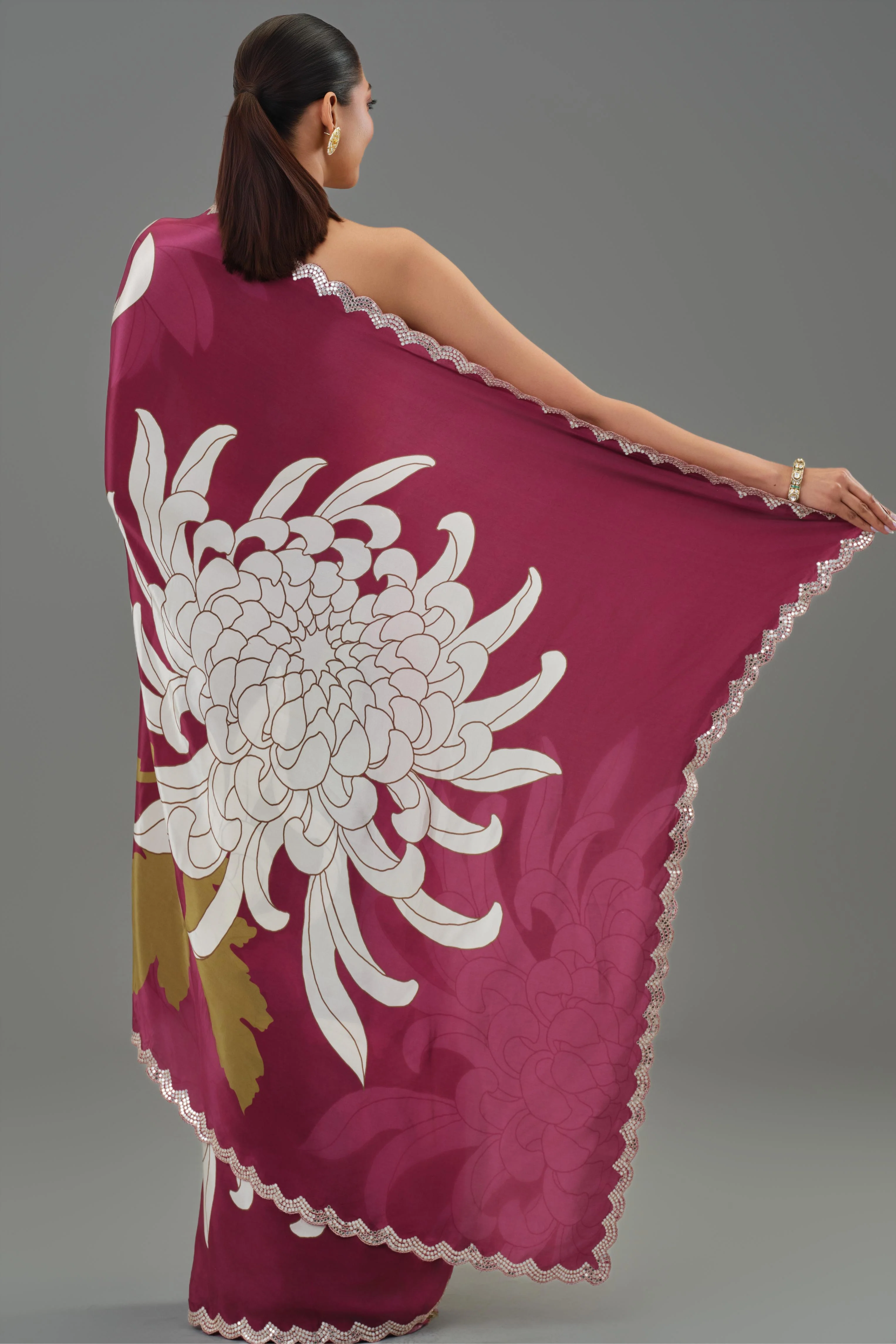 Fine Wine Floral Printed Chinon Silk Saree - Image 3