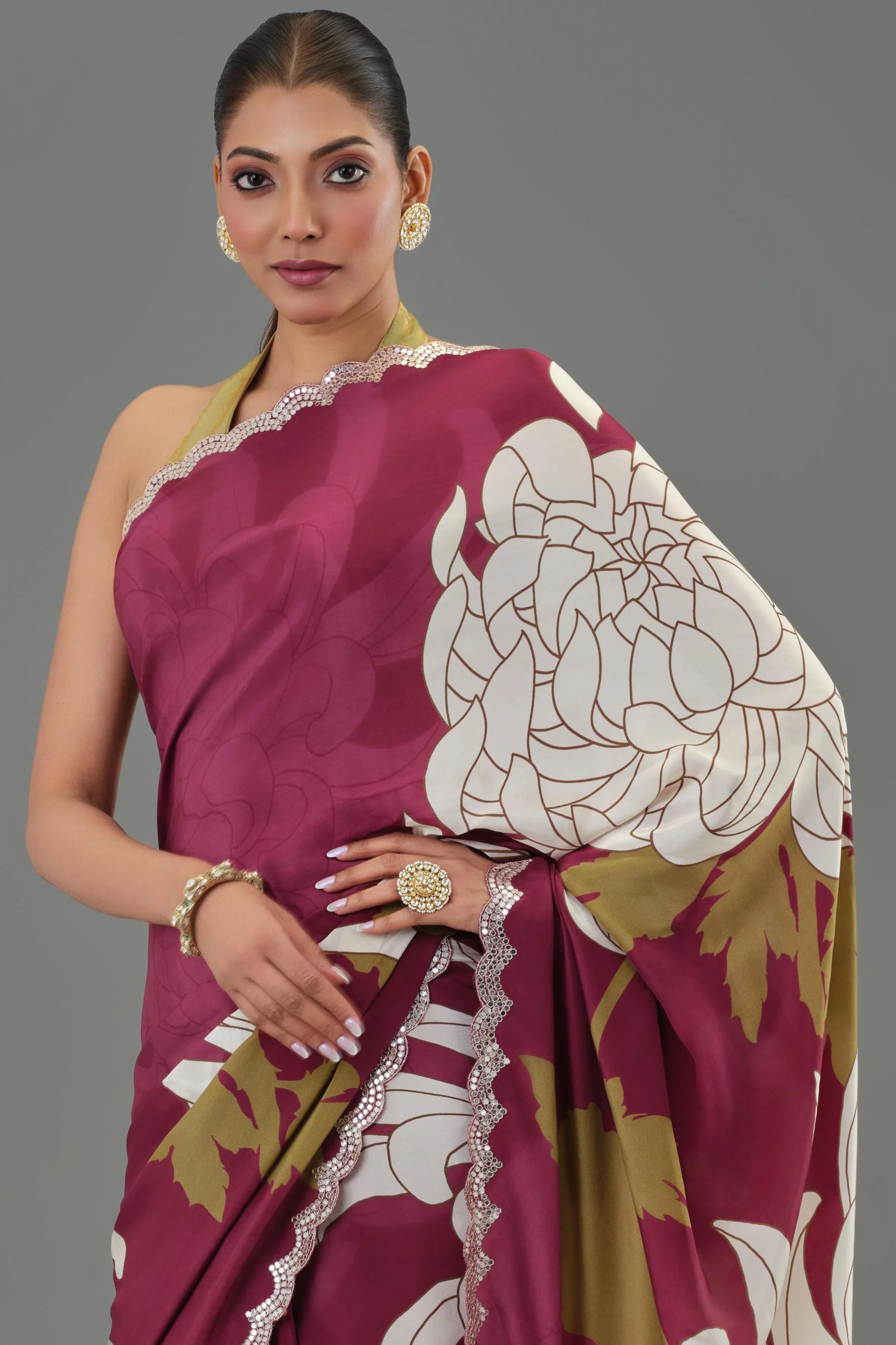 Fine Wine Floral Printed Chinon Silk Saree - Image 4