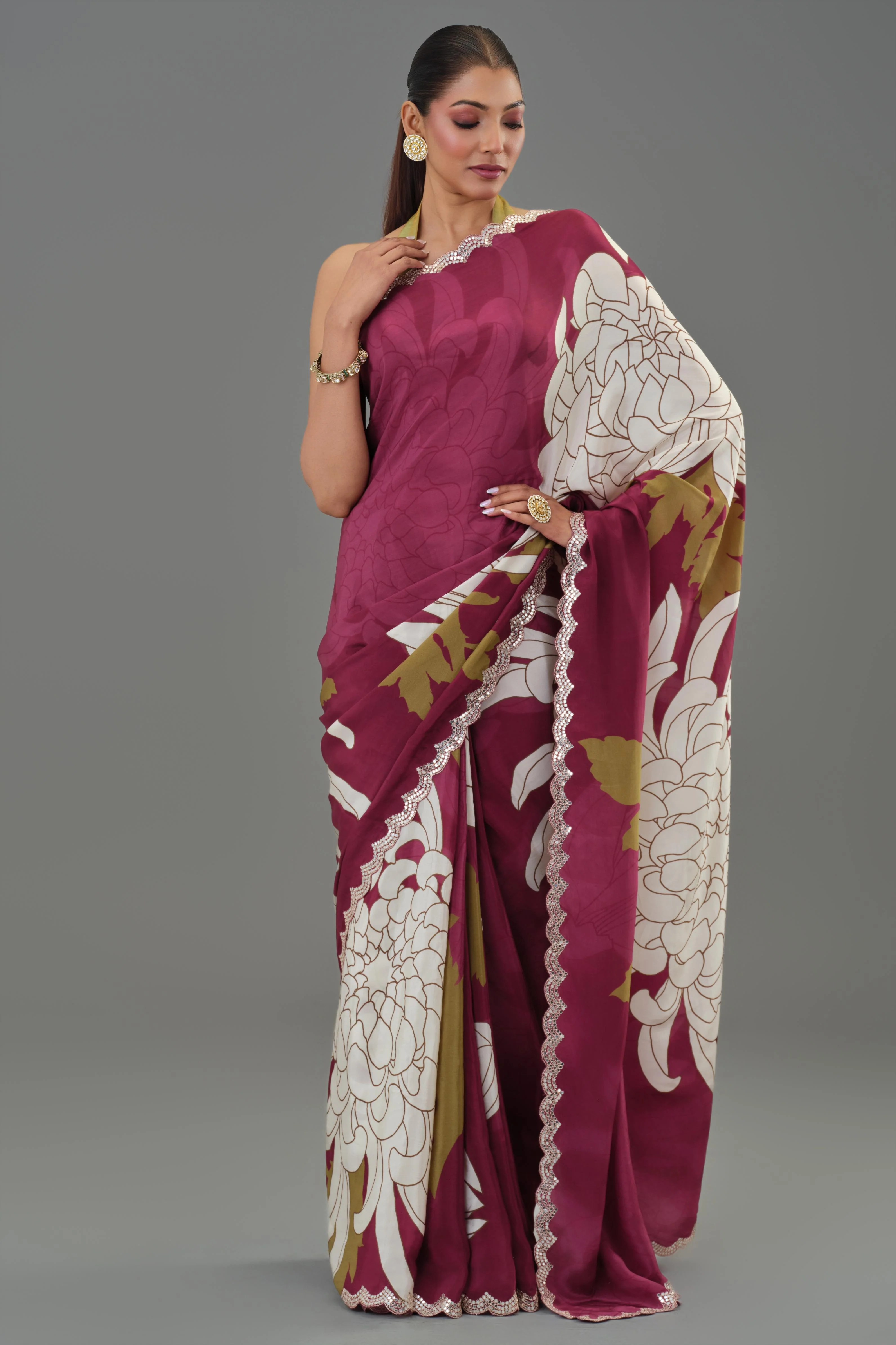 Fine Wine Floral Printed Chinon Silk Saree - Image 5