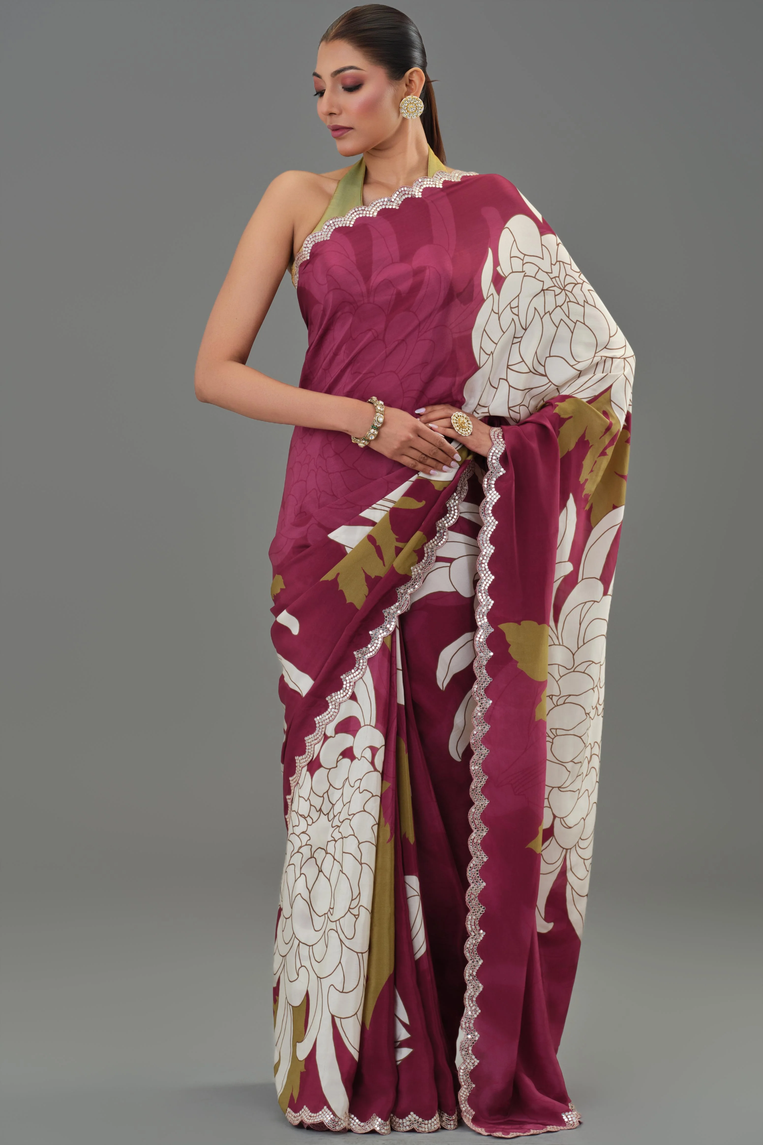 Fine Wine Floral Printed Chinon Silk Saree - Image 6