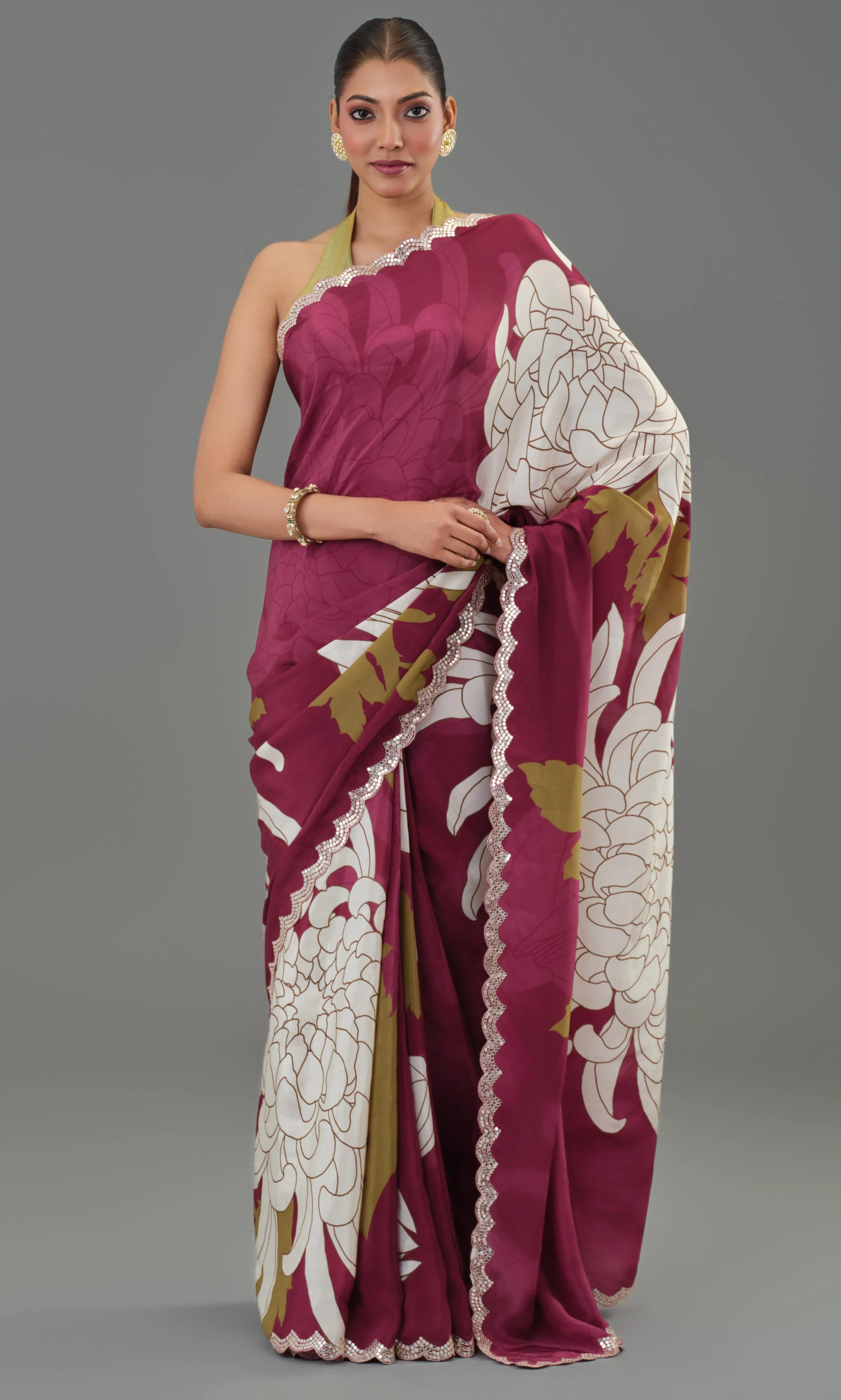 Fine Wine Floral Printed Chinon Silk Saree - Image 7