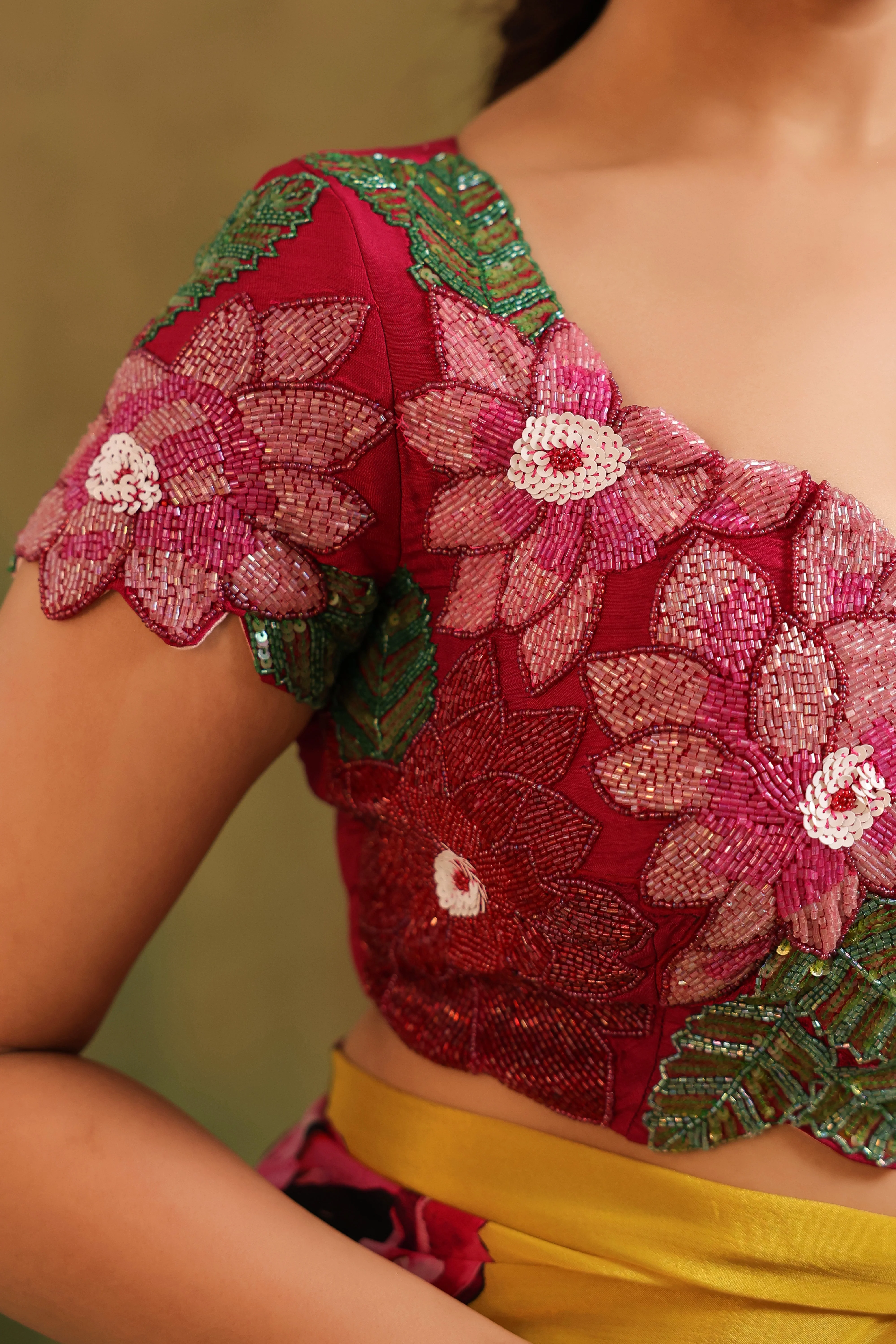Marigold Yellow Floral Printed Chinon Silk Saree - Image 2