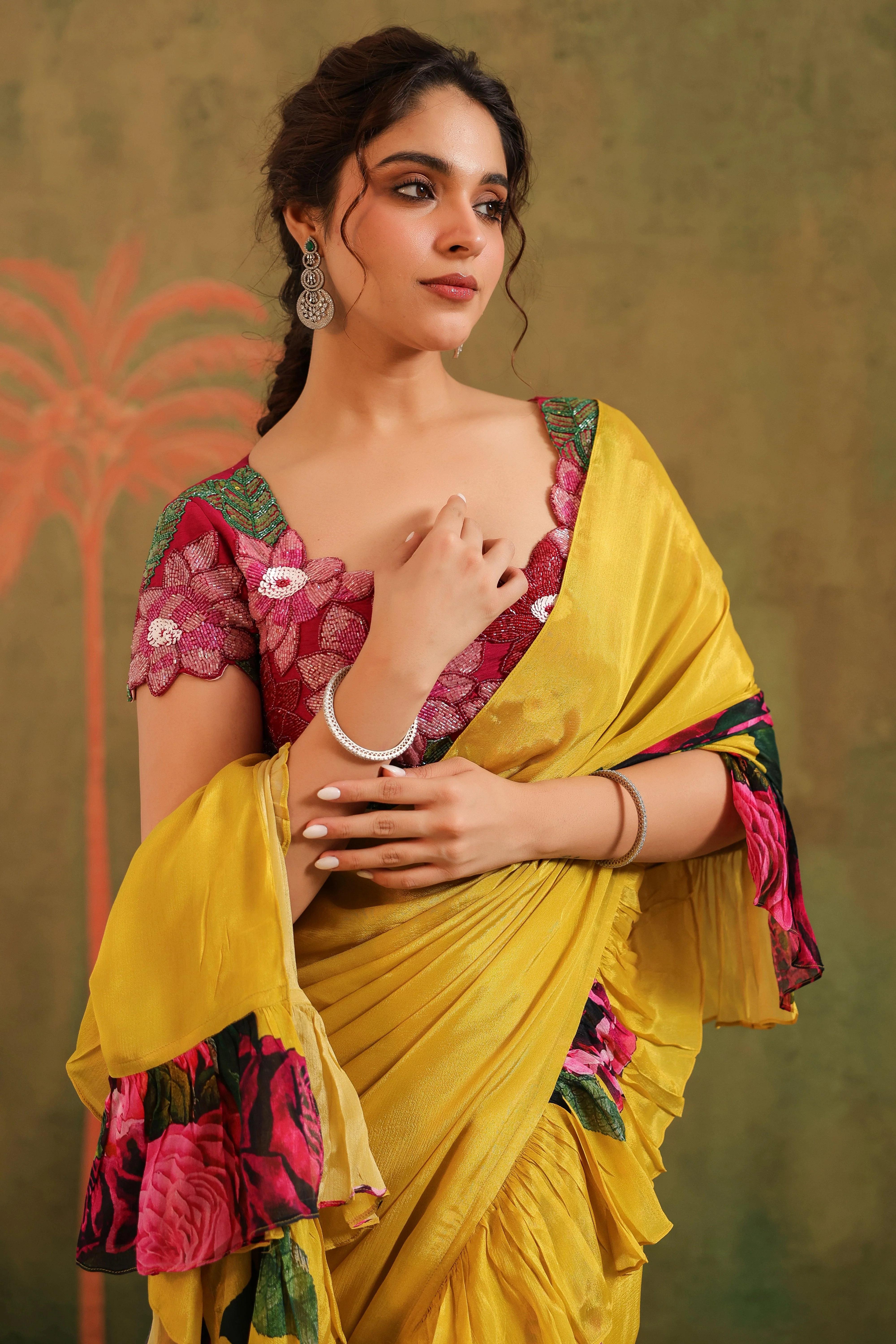 Marigold Yellow Floral Printed Chinon Silk Saree - Image 3