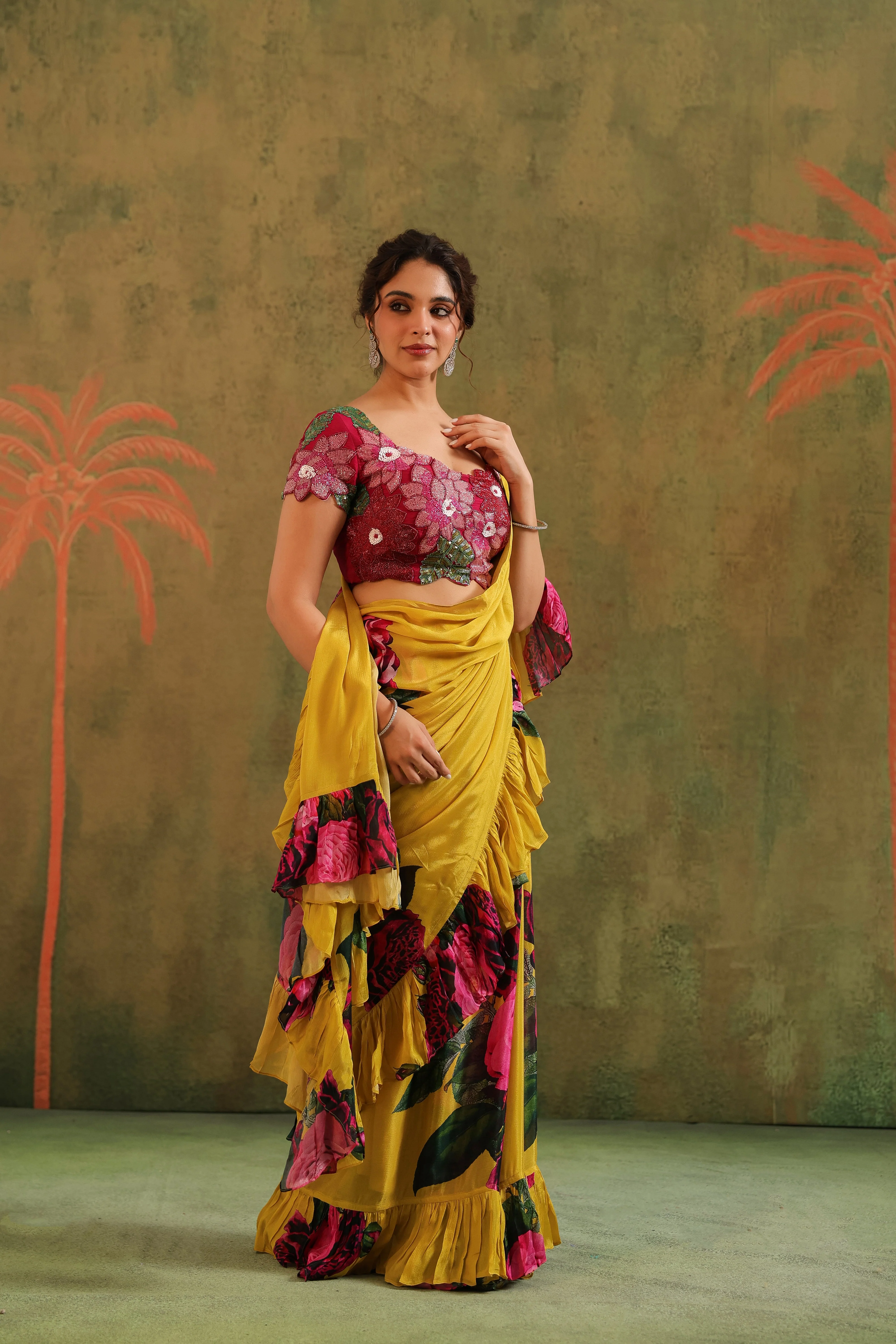 Marigold Yellow Floral Printed Chinon Silk Saree - Image 4