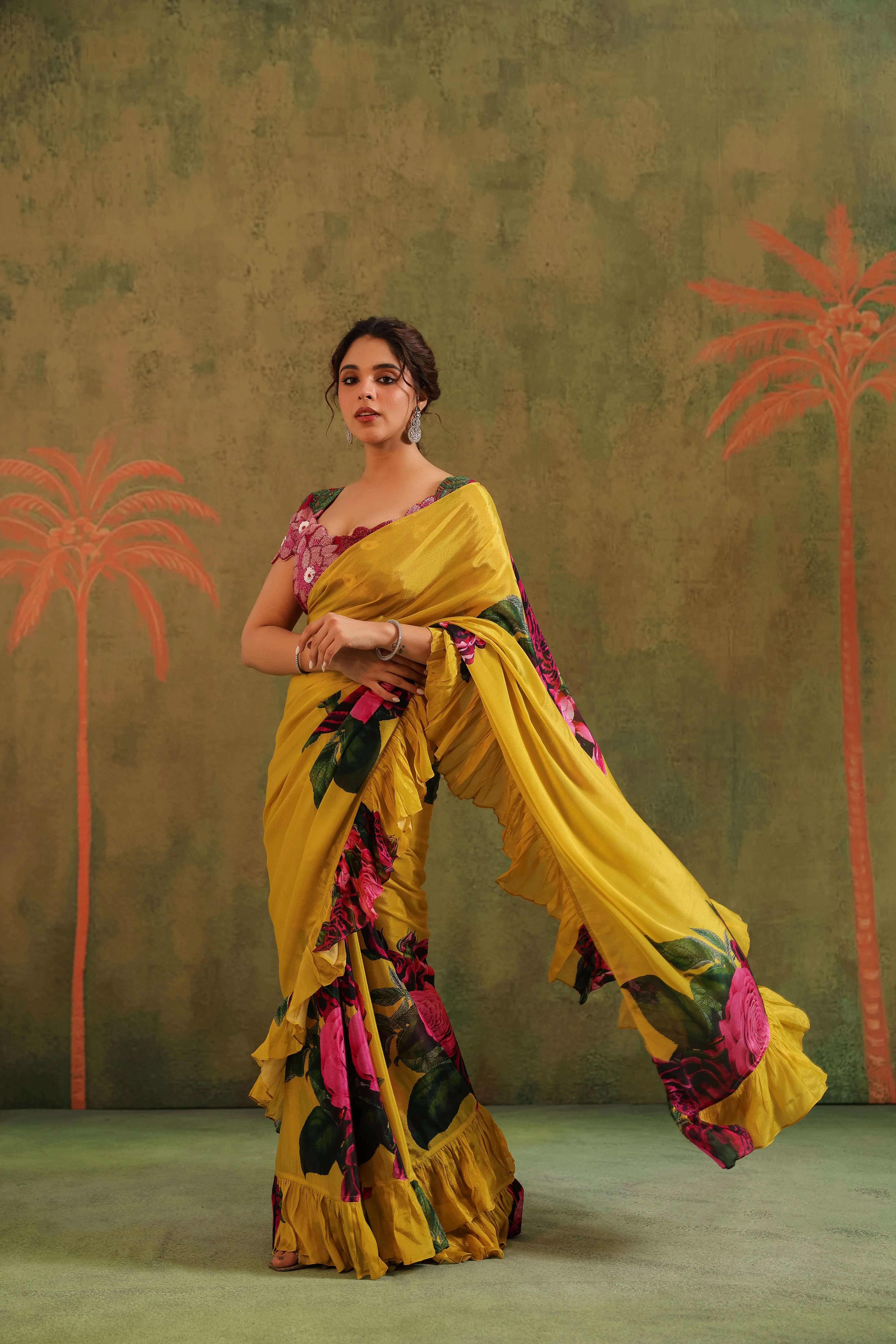 Marigold Yellow Floral Printed Chinon Silk Saree - Image 5