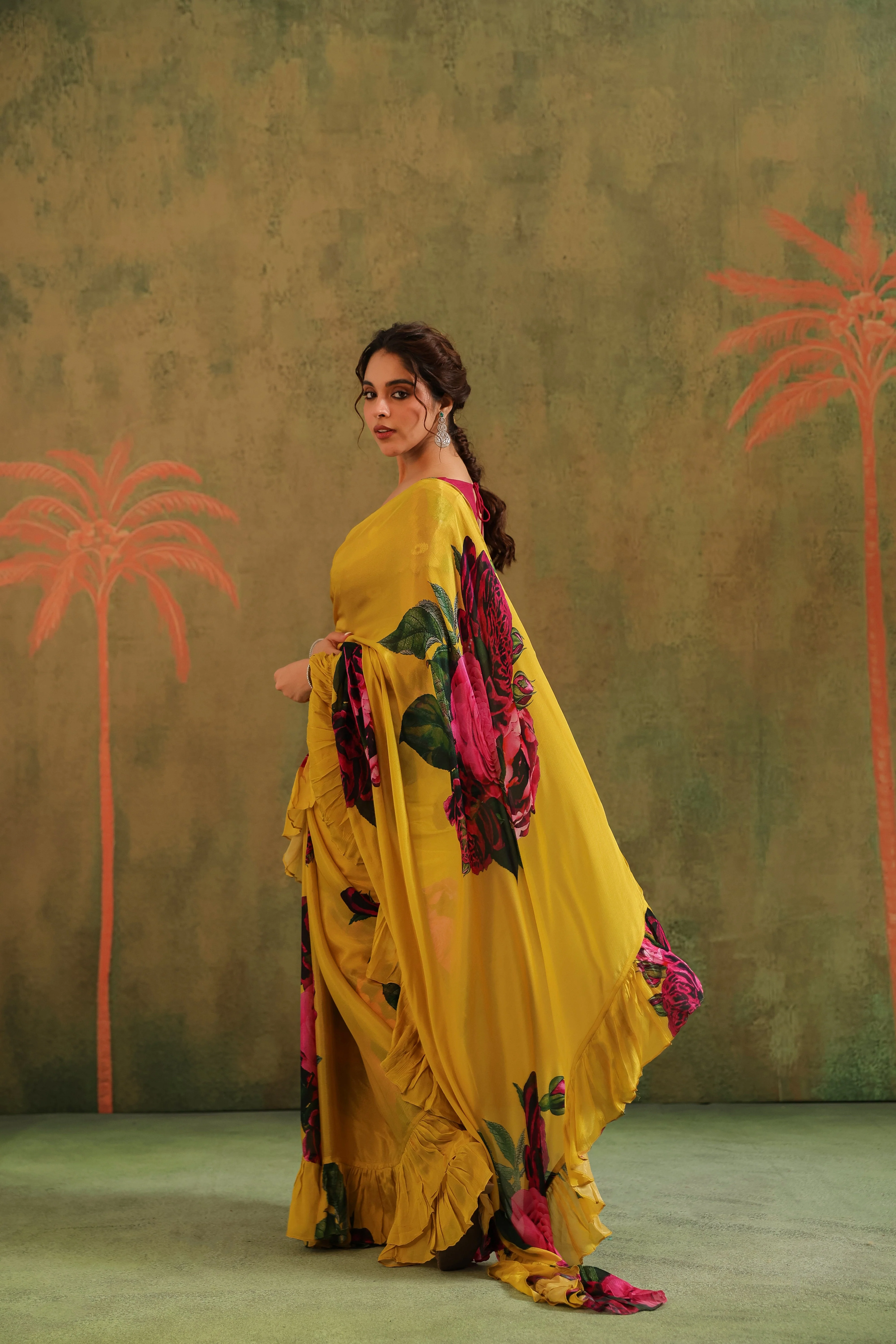 Marigold Yellow Floral Printed Chinon Silk Saree - Image 6