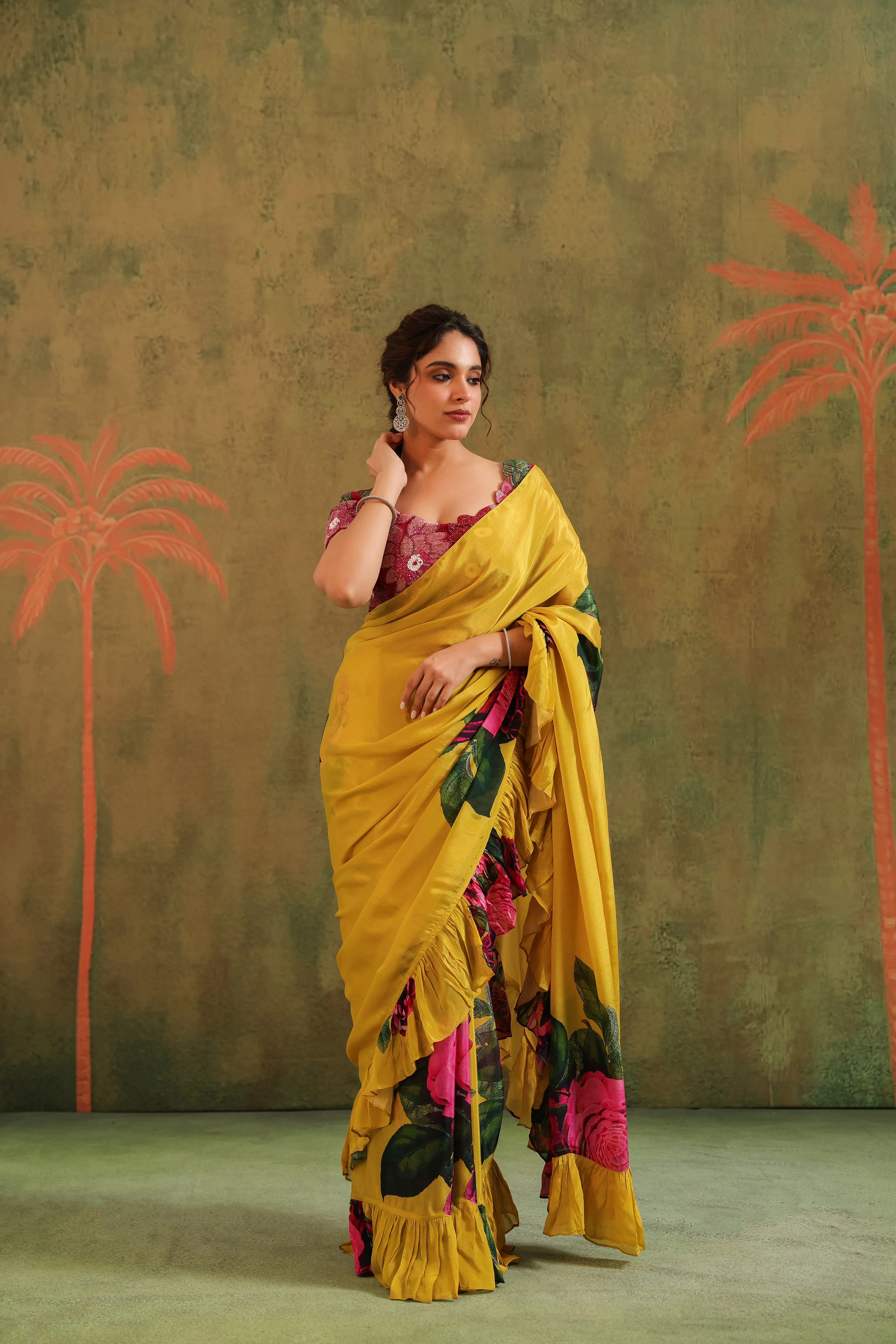 Marigold Yellow Floral Printed Chinon Silk Saree - Image 7