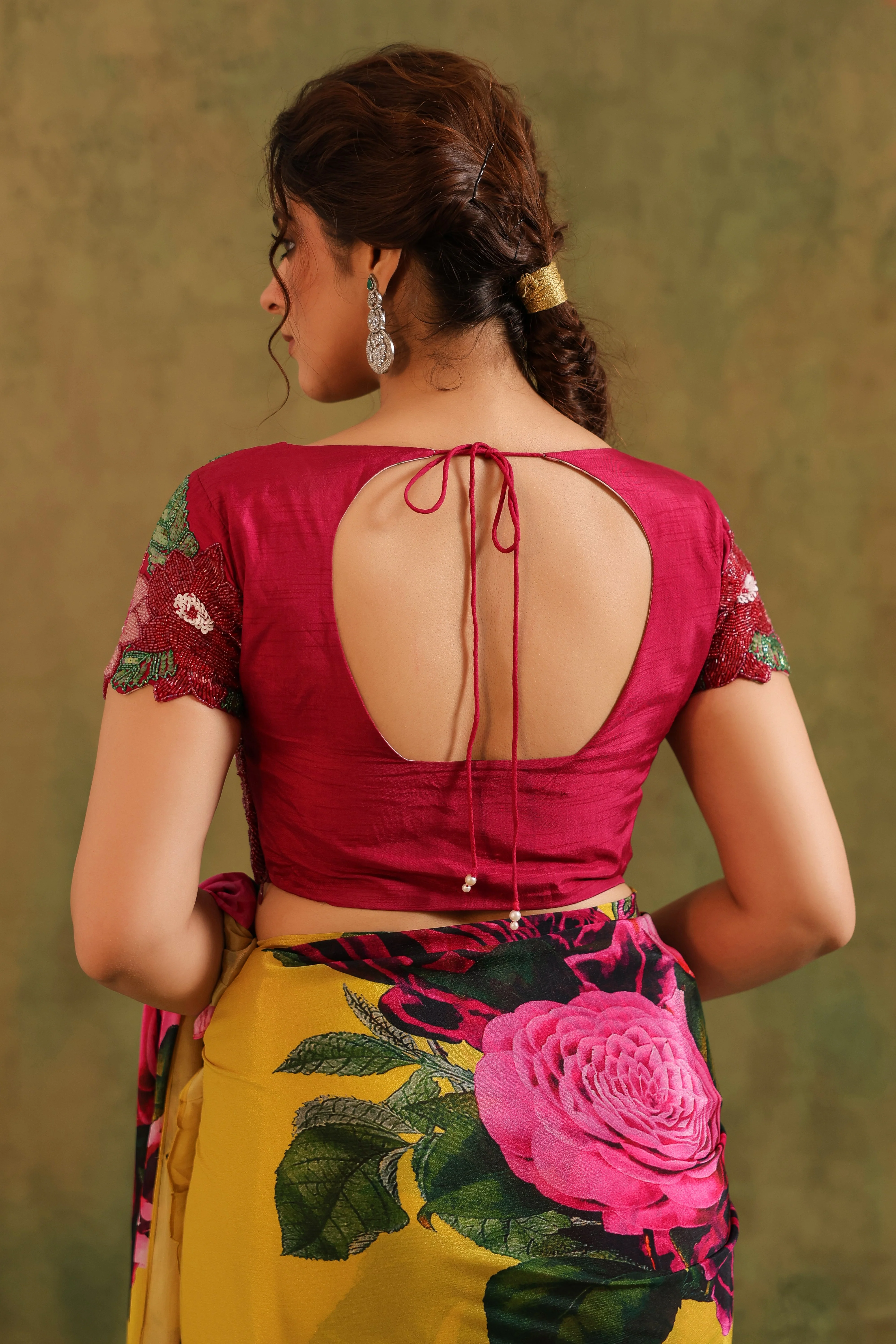 Marigold Yellow Floral Printed Chinon Silk Saree - Image 8