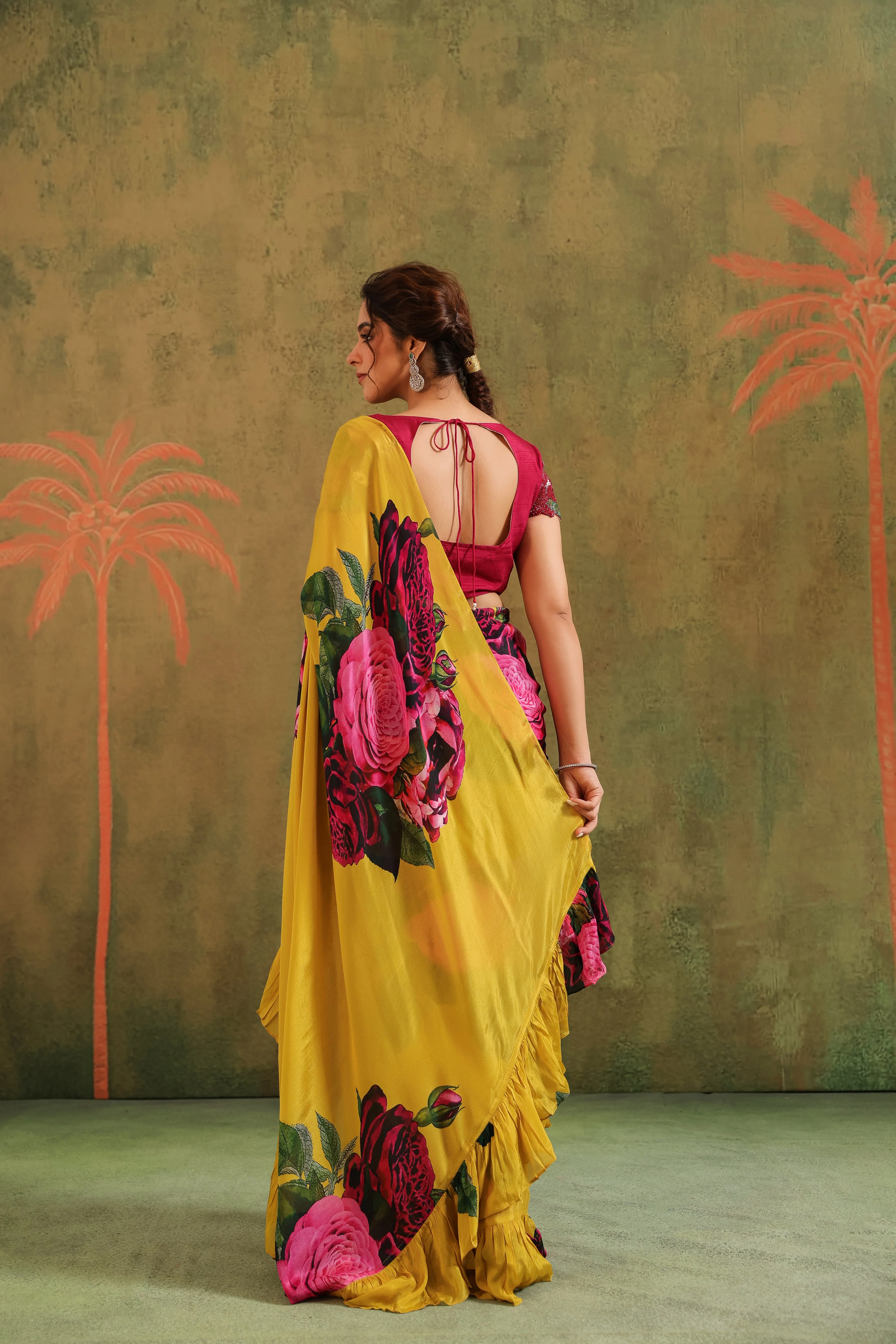 Marigold Yellow Floral Printed Chinon Silk Saree - Image 9