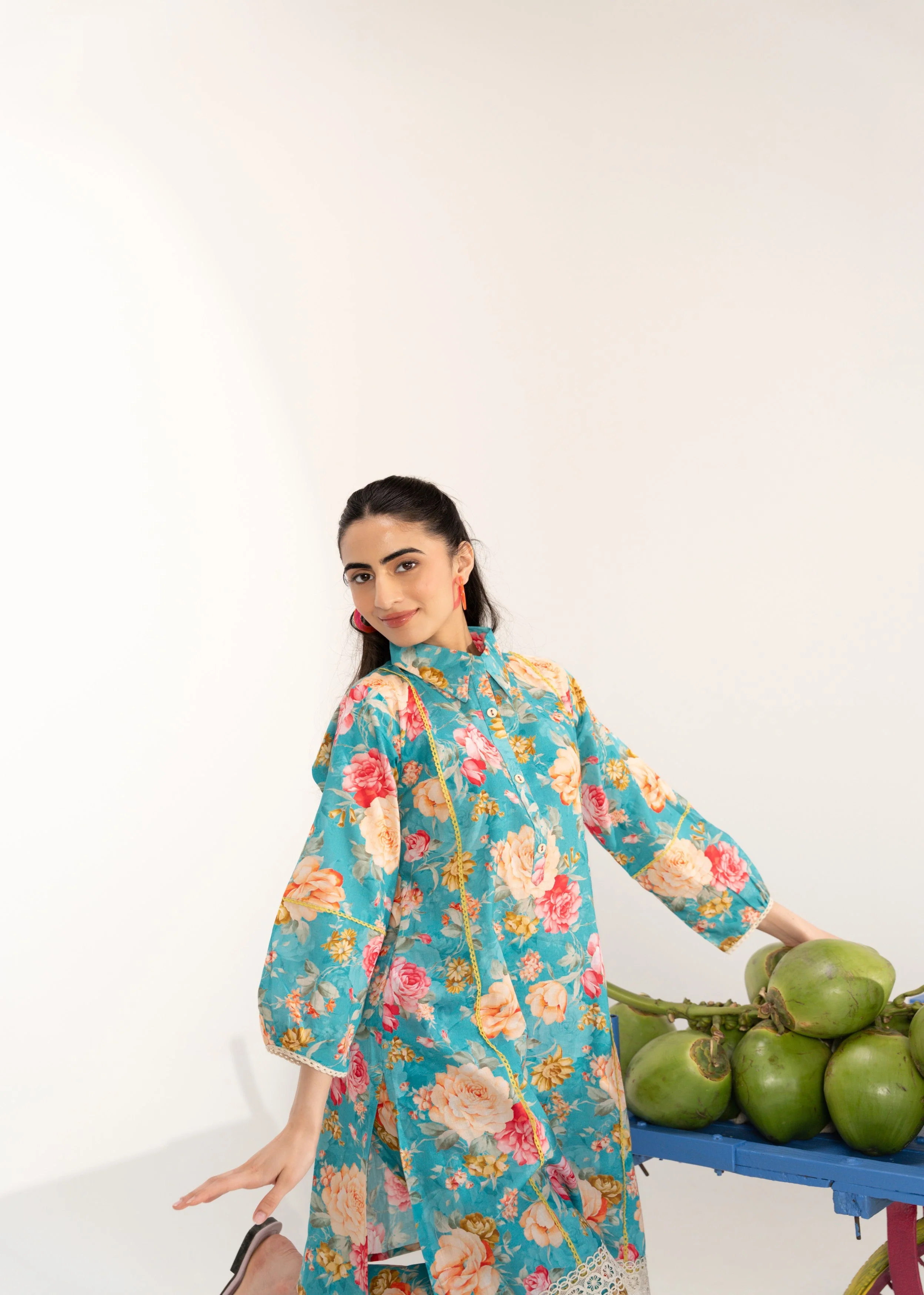 Aqua Blue Floral Printed Cotton Co-ord Set - Image 2