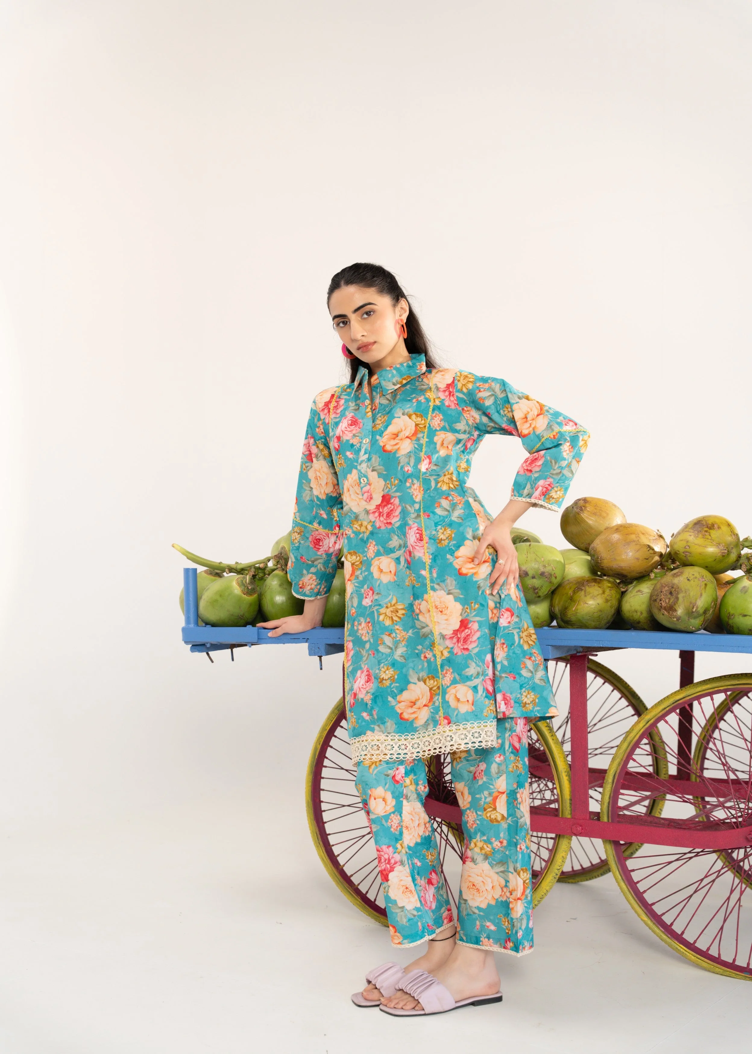 Aqua Blue Floral Printed Cotton Co-ord Set - Image 3