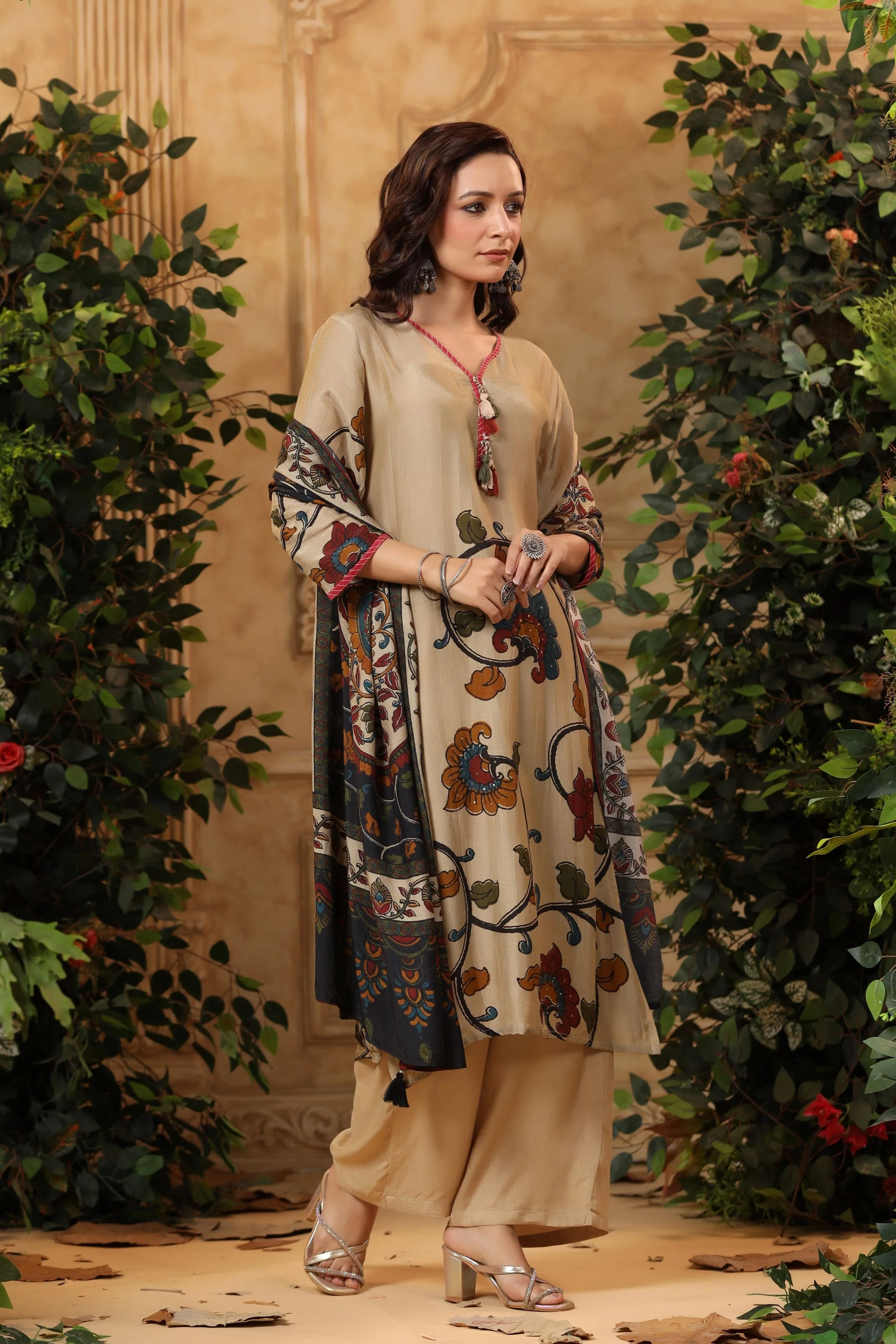 Metallic Beige Floral Printed Muslin Silk Palazzo Set - Image 3