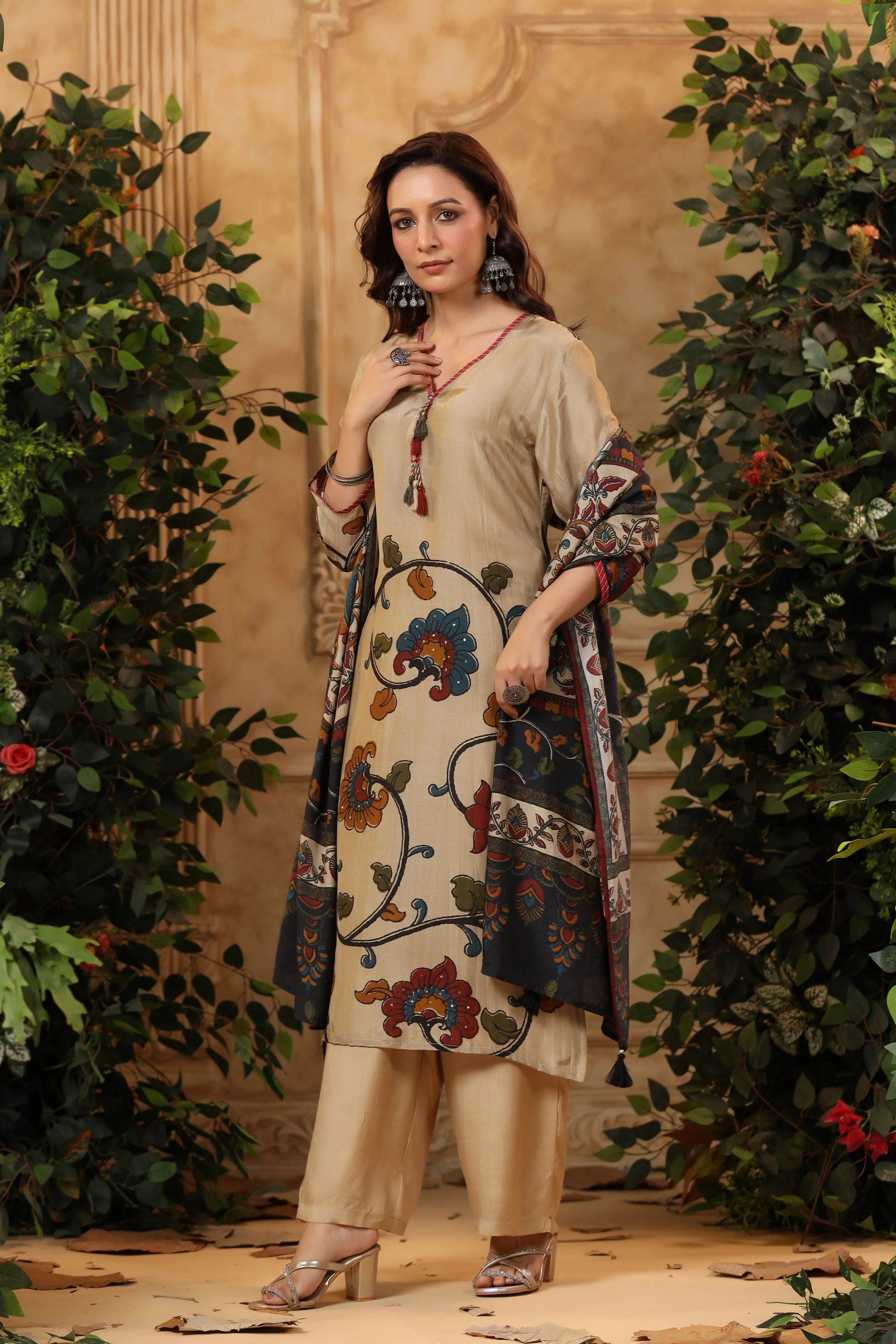 Metallic Beige Floral Printed Muslin Silk Palazzo Set - Image 4
