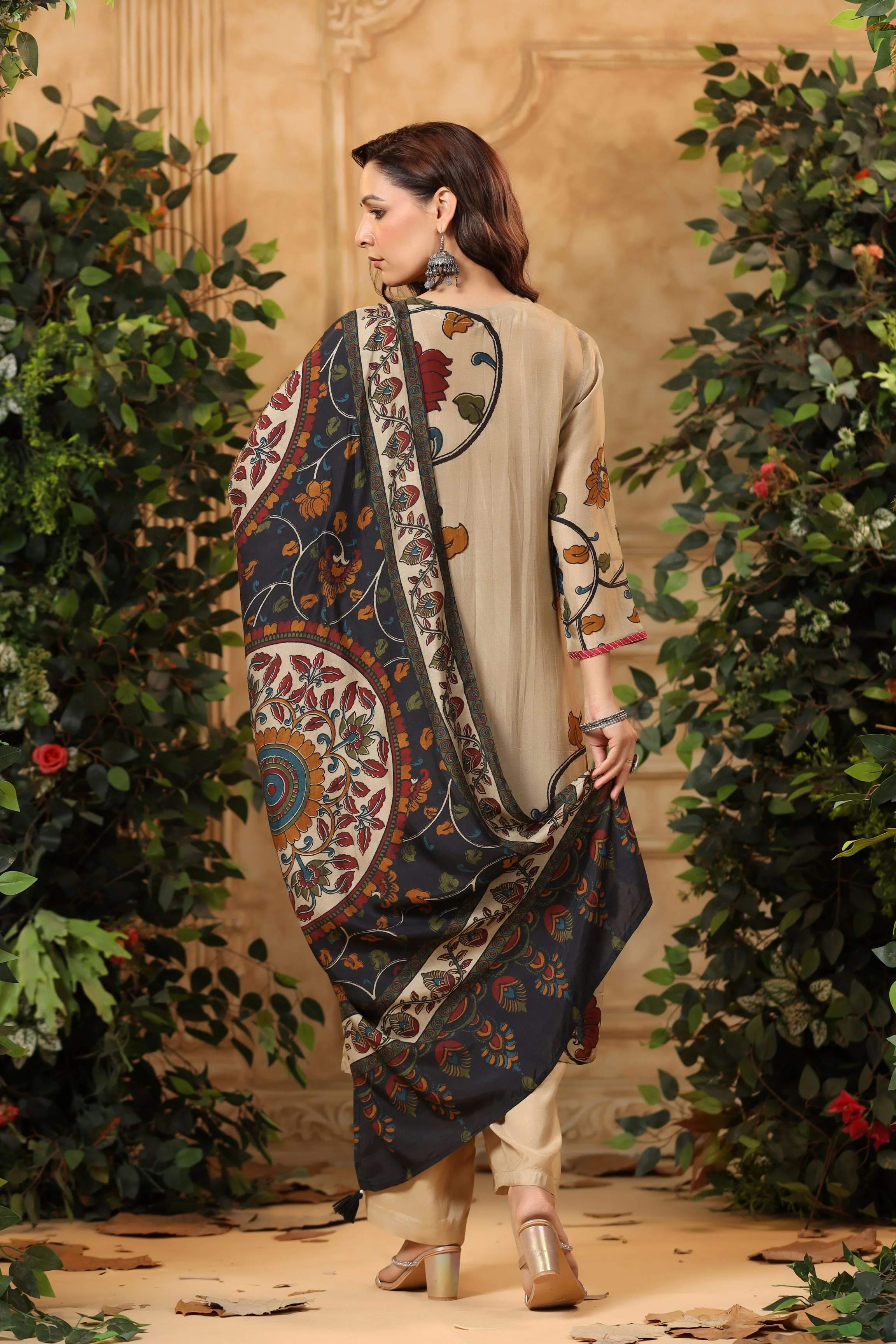 Metallic Beige Floral Printed Muslin Silk Palazzo Set - Image 5