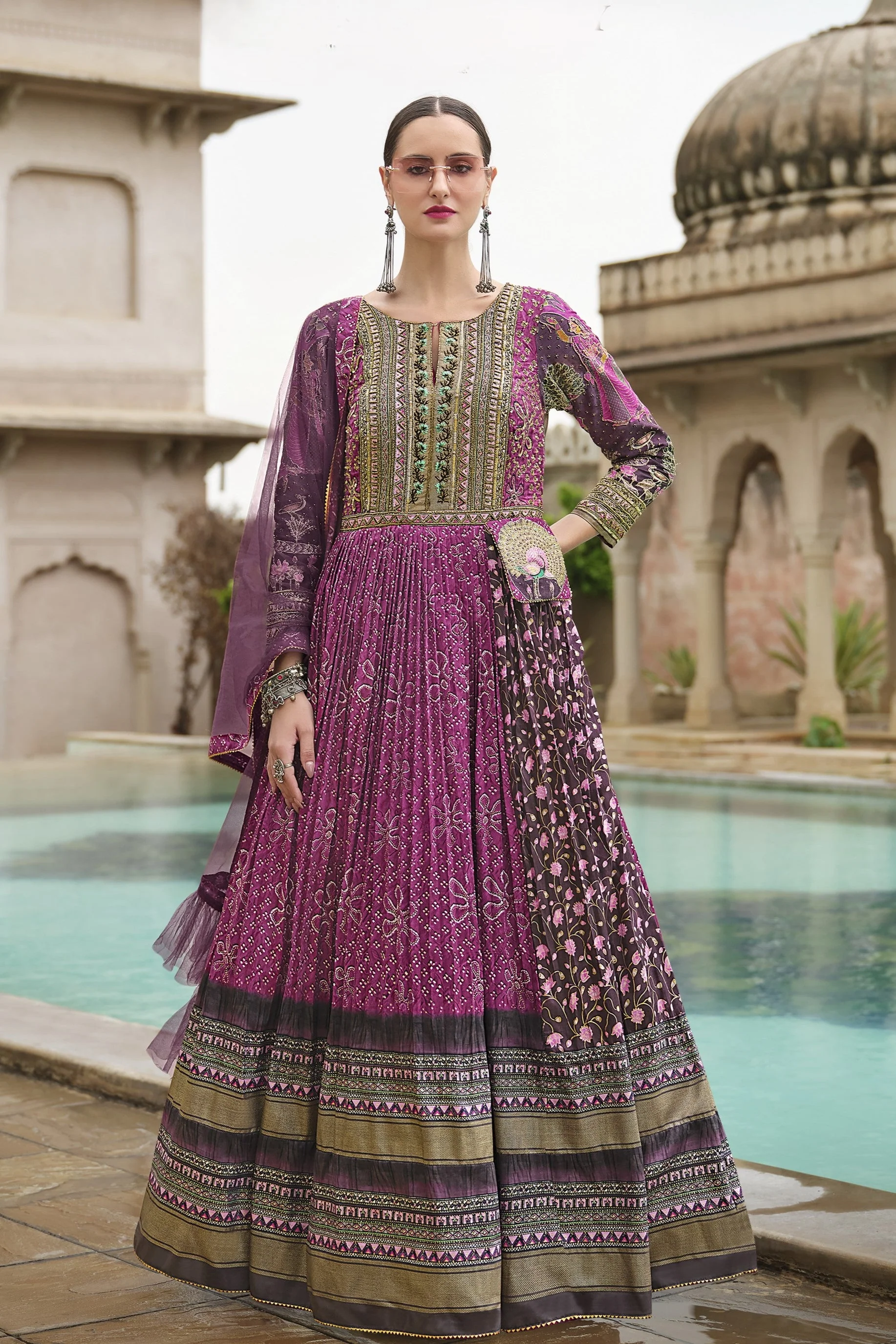 Lavender Floral Printed Premium Silk Anarkali Set - Image 3