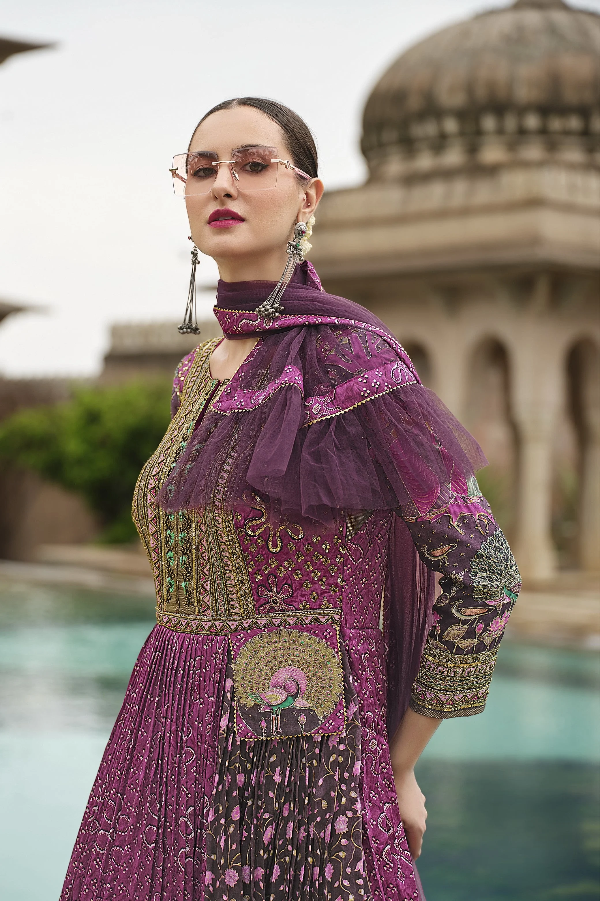 Lavender Floral Printed Premium Silk Anarkali Set - Image 4
