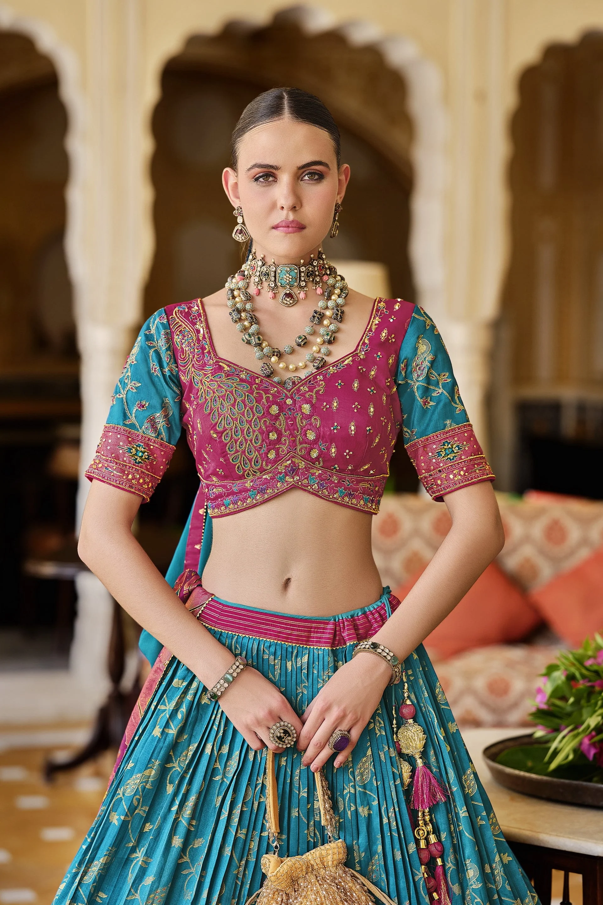 Ocean Blue Floral Printed Premium Silk Lehenga Set - Image 2