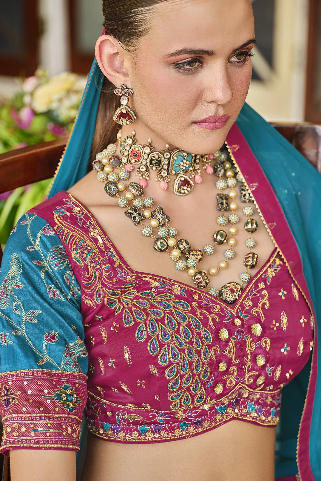 Ocean Blue Floral Printed Premium Silk Lehenga Set - Image 3