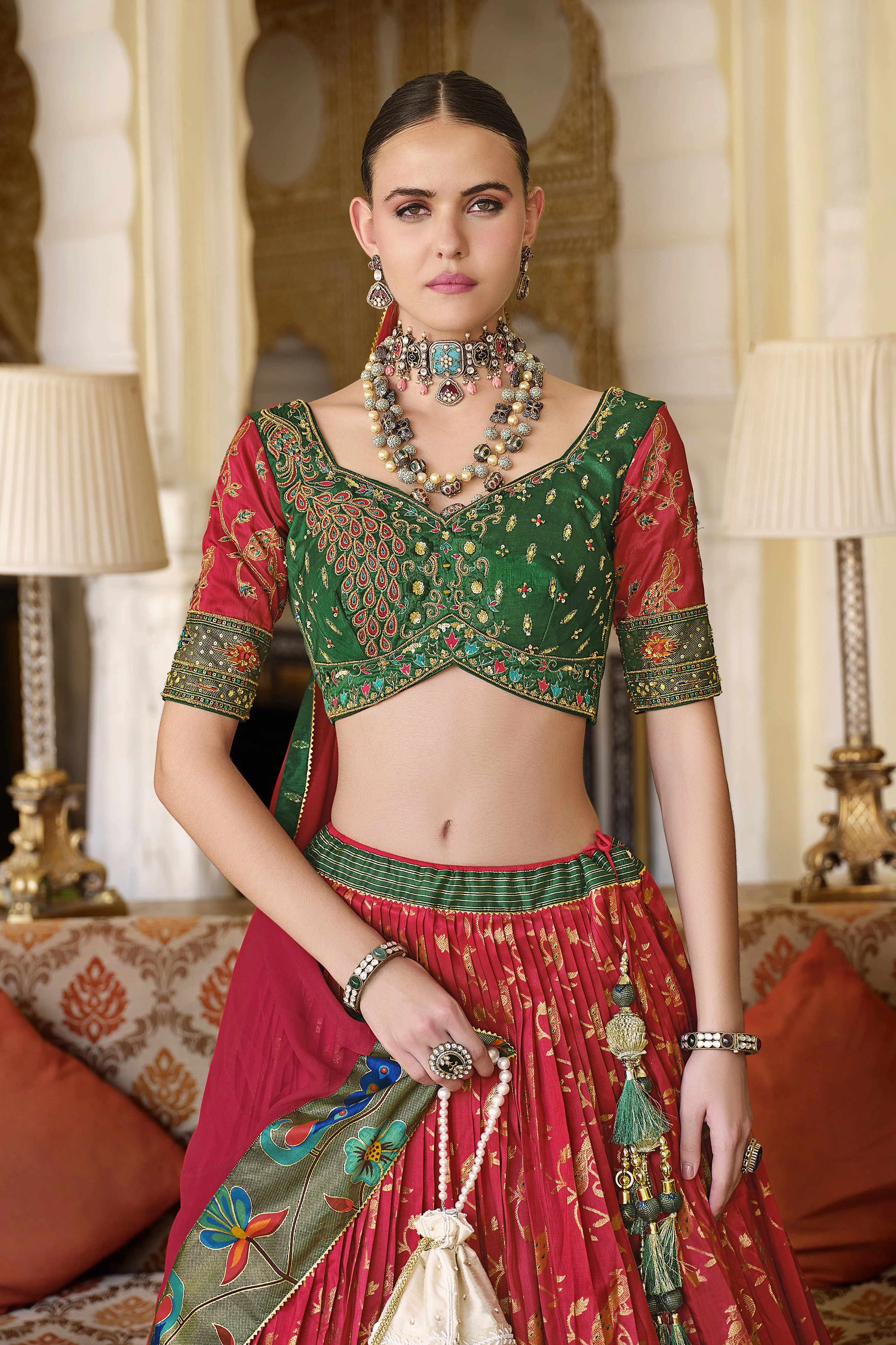 Red Floral Printed Premium Silk Lehenga Set - Image 2