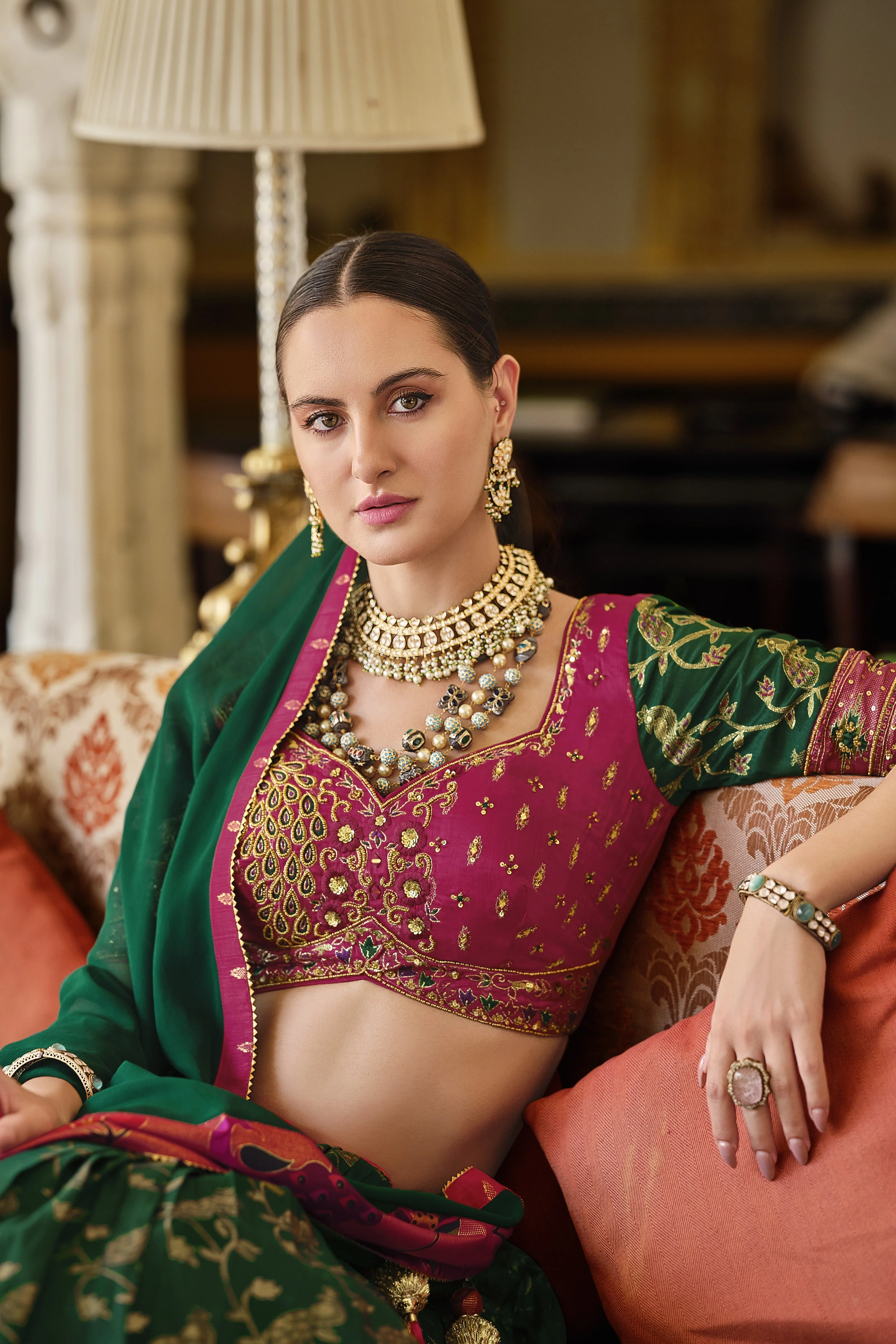Deep Green Floral Printed Premium Silk Lehenga Set - Image 2