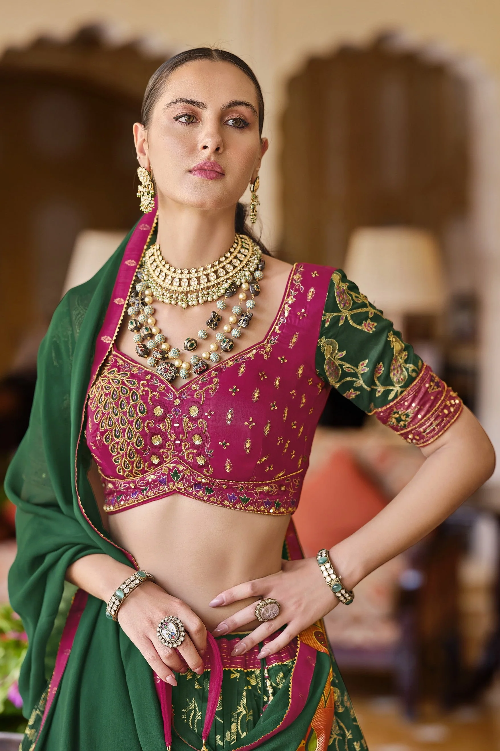 Deep Green Floral Printed Premium Silk Lehenga Set - Image 3