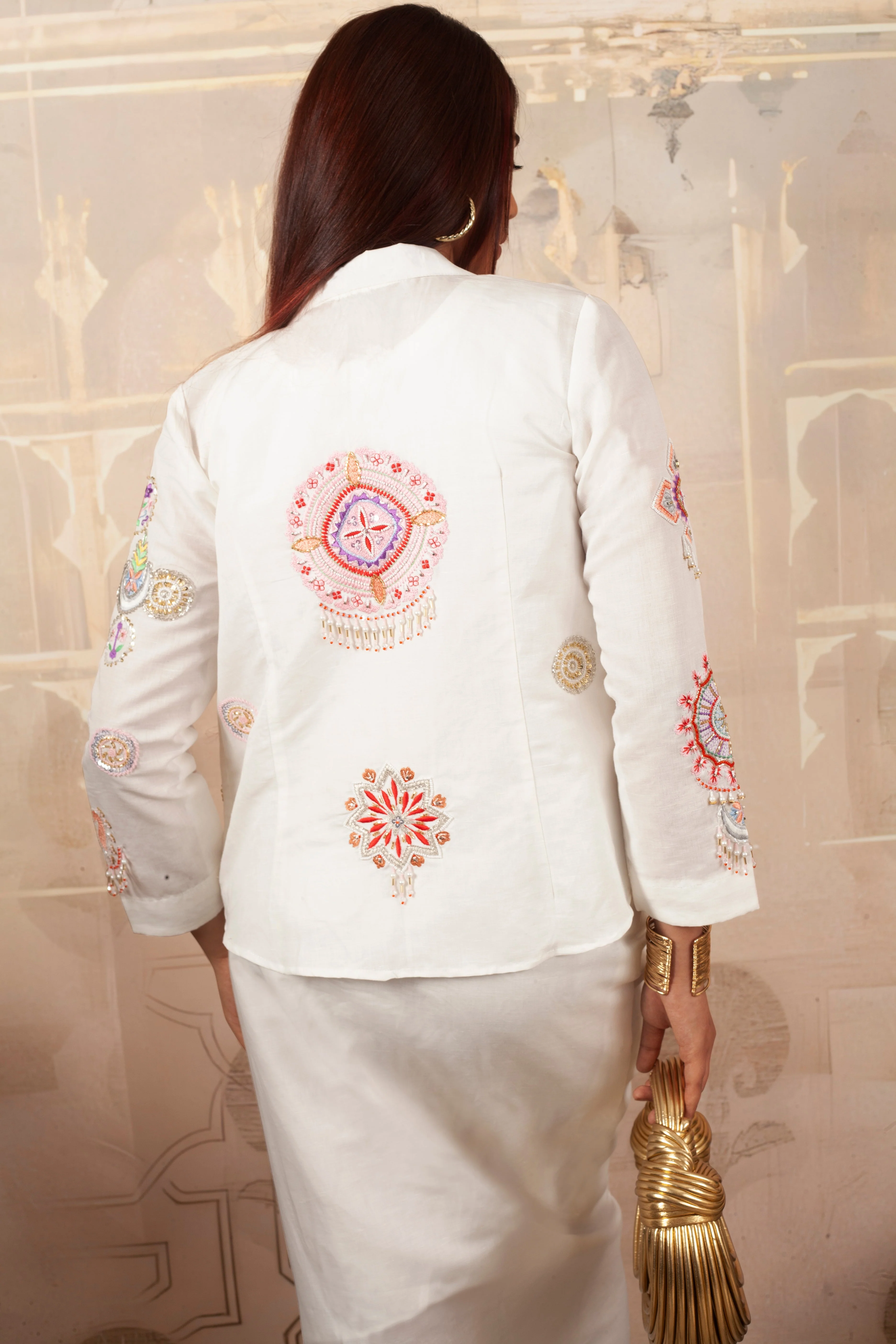 Graceful White Embellished Linen Dress - Image 3