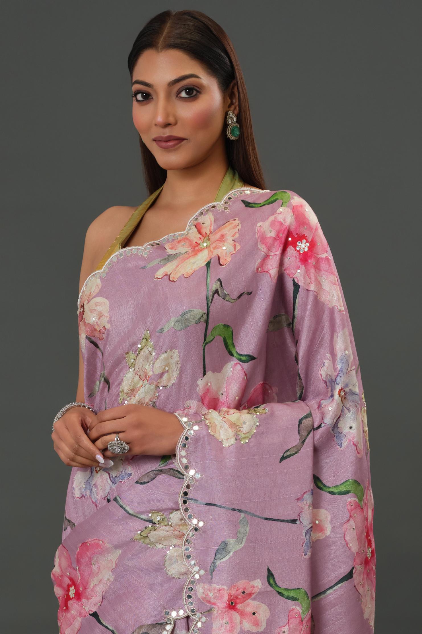 Florescent Mauve Tussar Silk Saree - Image 7