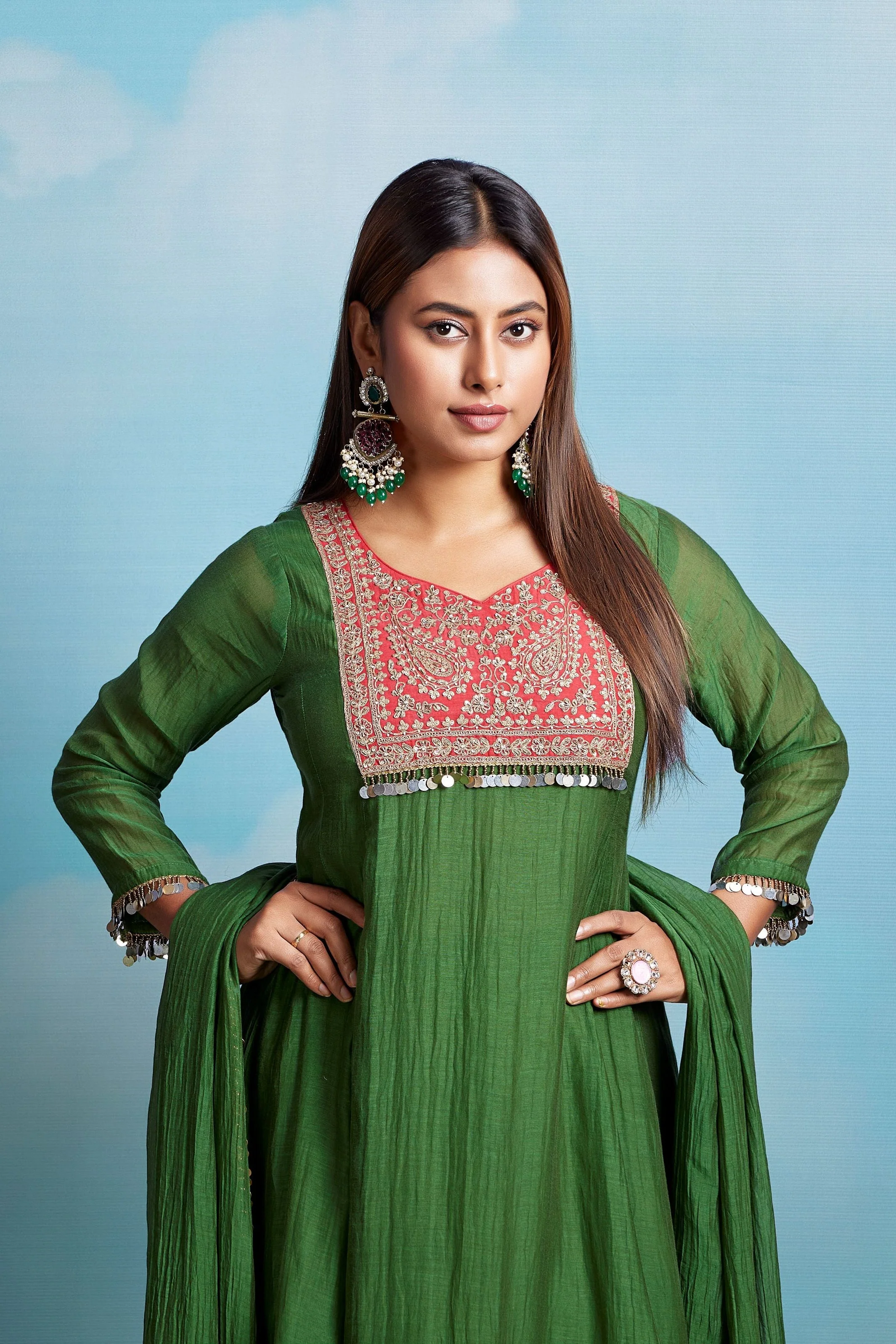 Forest Green Embellished Chanderi Silk Pant Set - Image 2