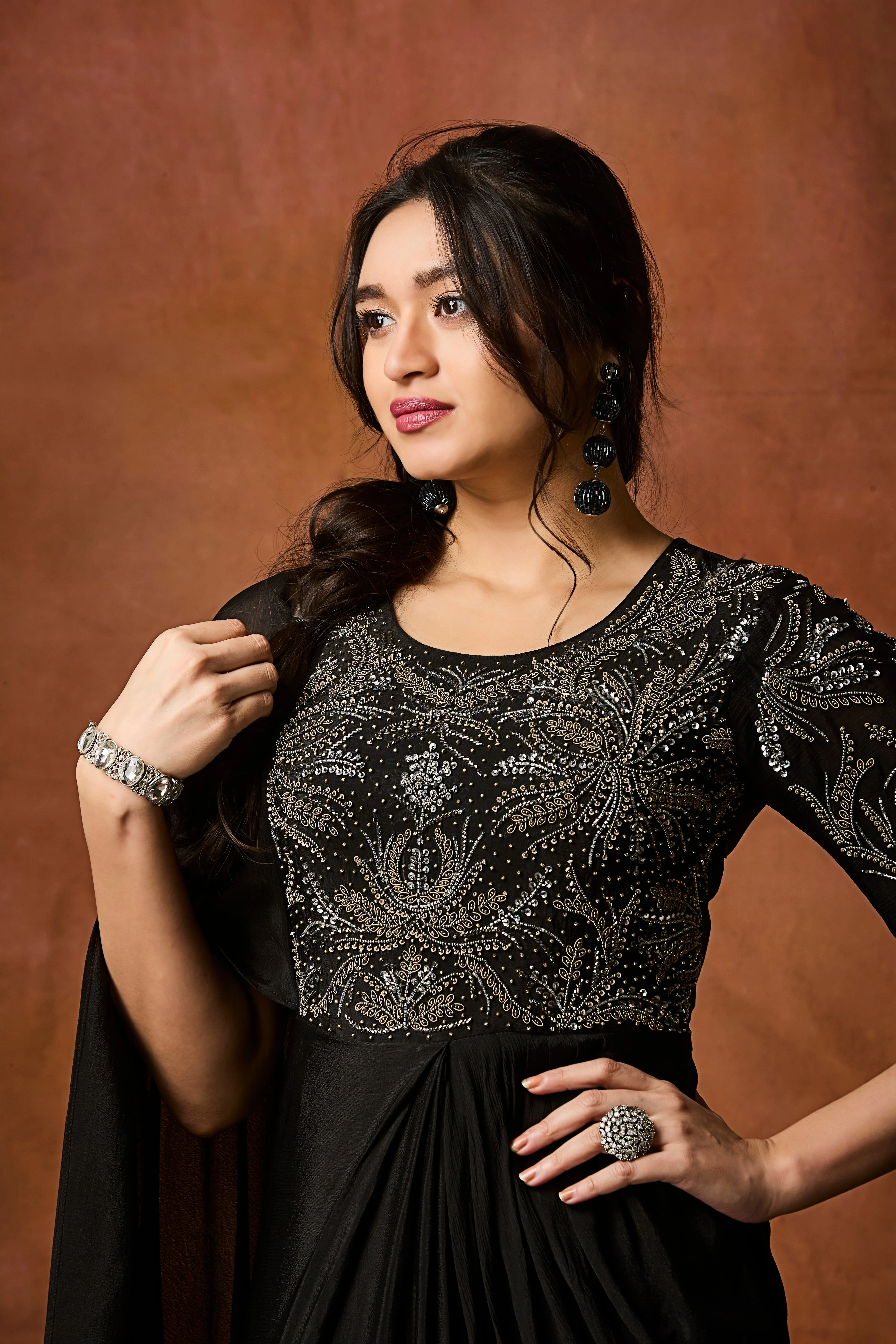 Chic Black Embellished Chinon Silk Gown - Image 2