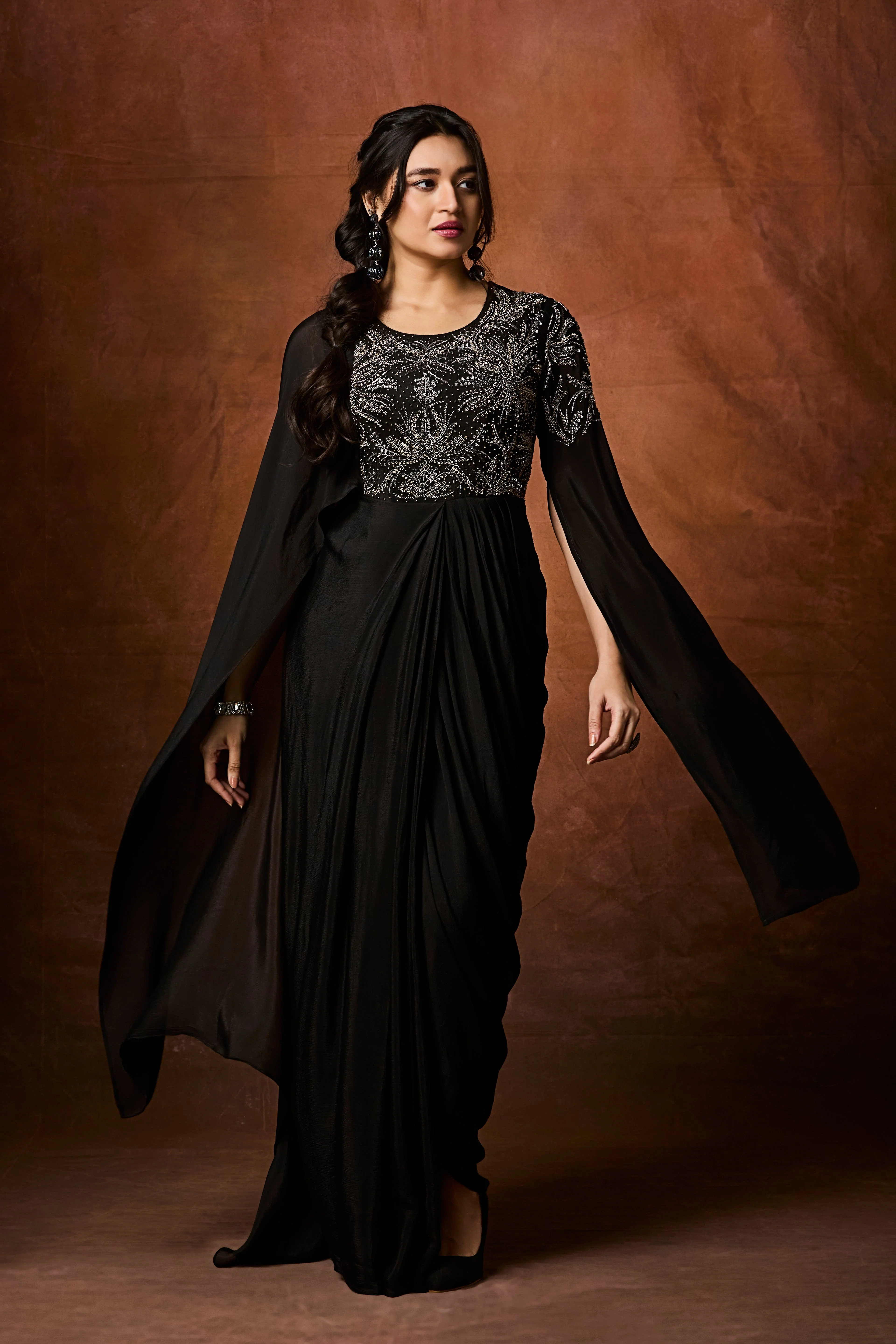 Chic Black Embellished Chinon Silk Gown - Image 3