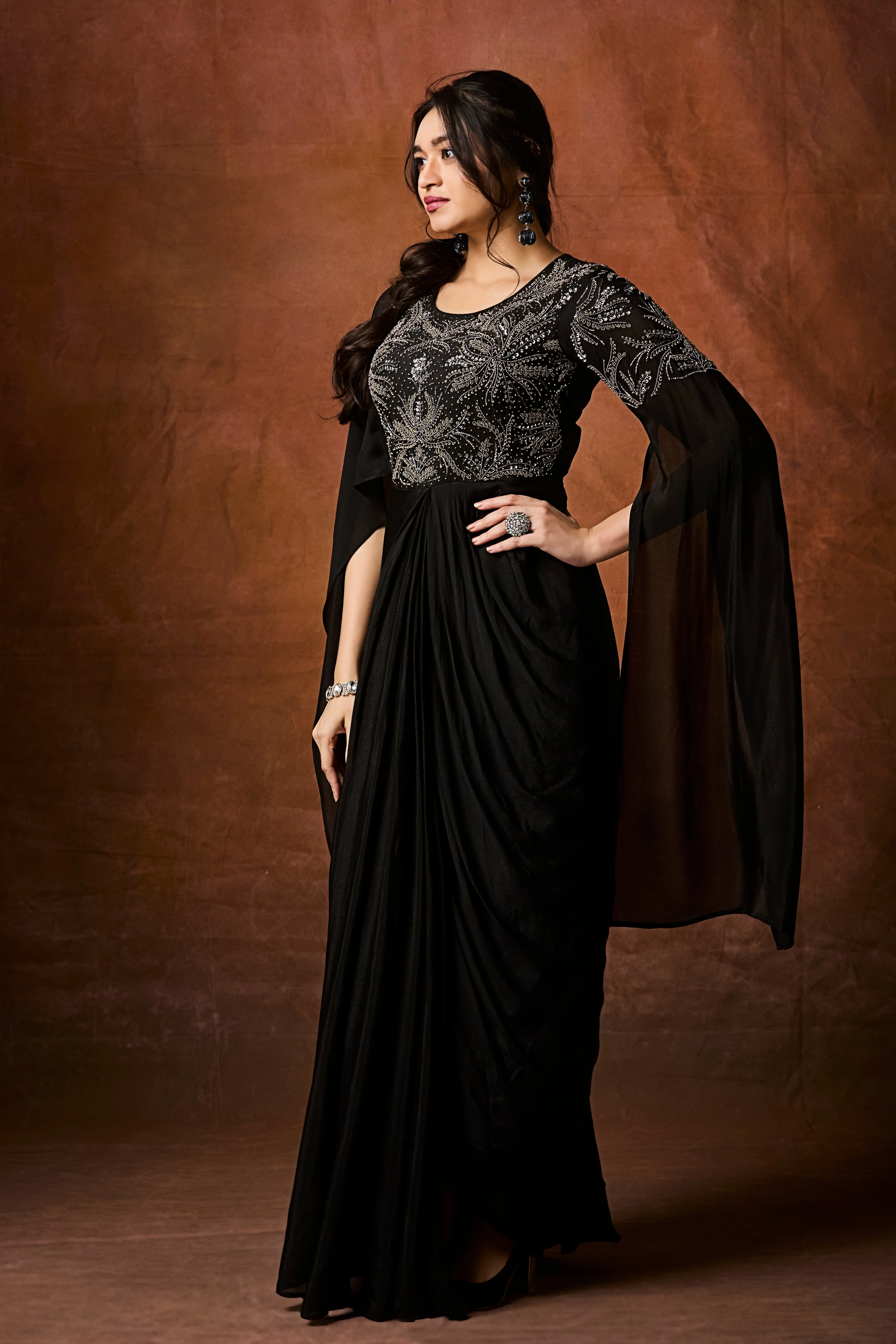 Chic Black Embellished Chinon Silk Gown - Image 4