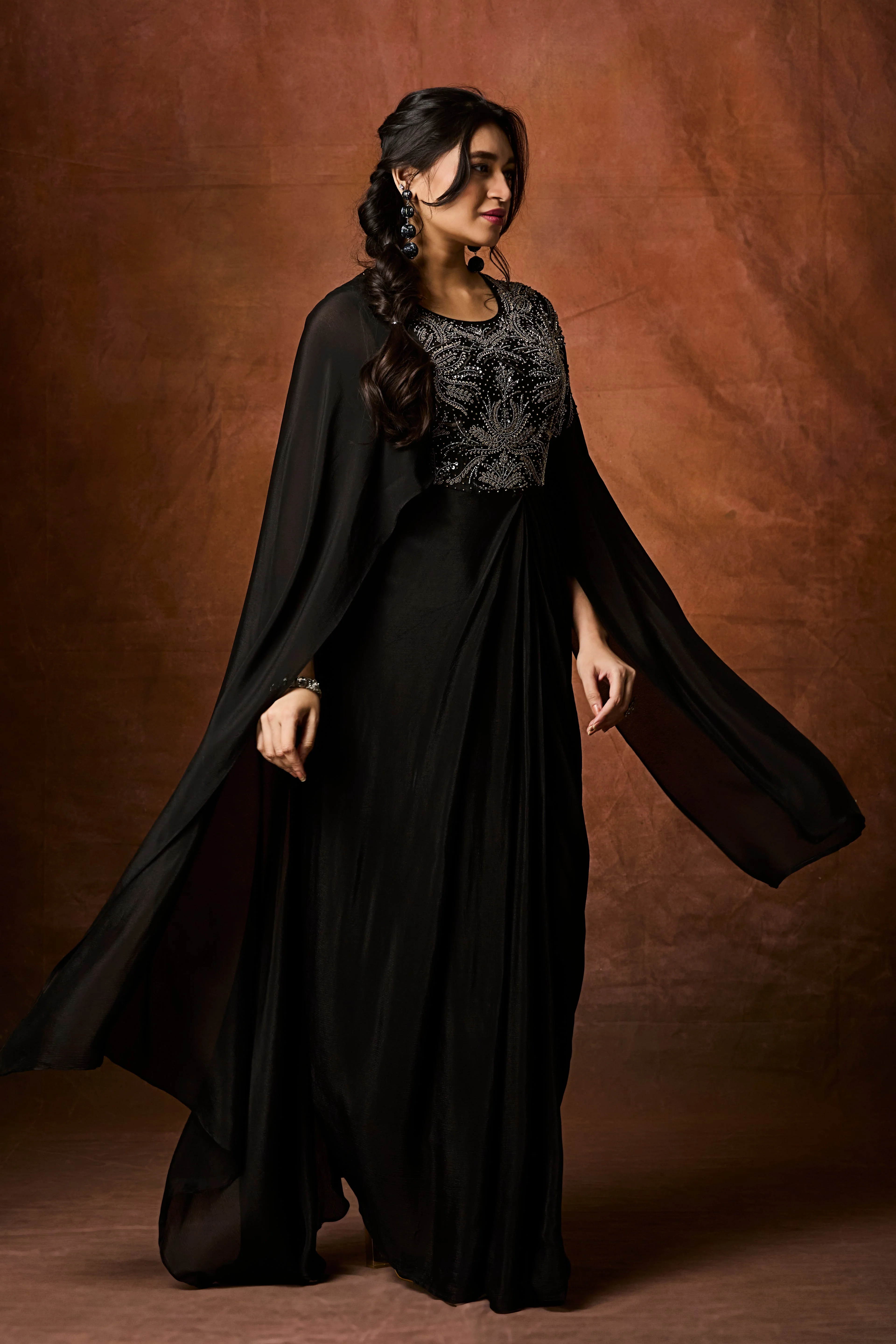 Chic Black Embellished Chinon Silk Gown - Image 5