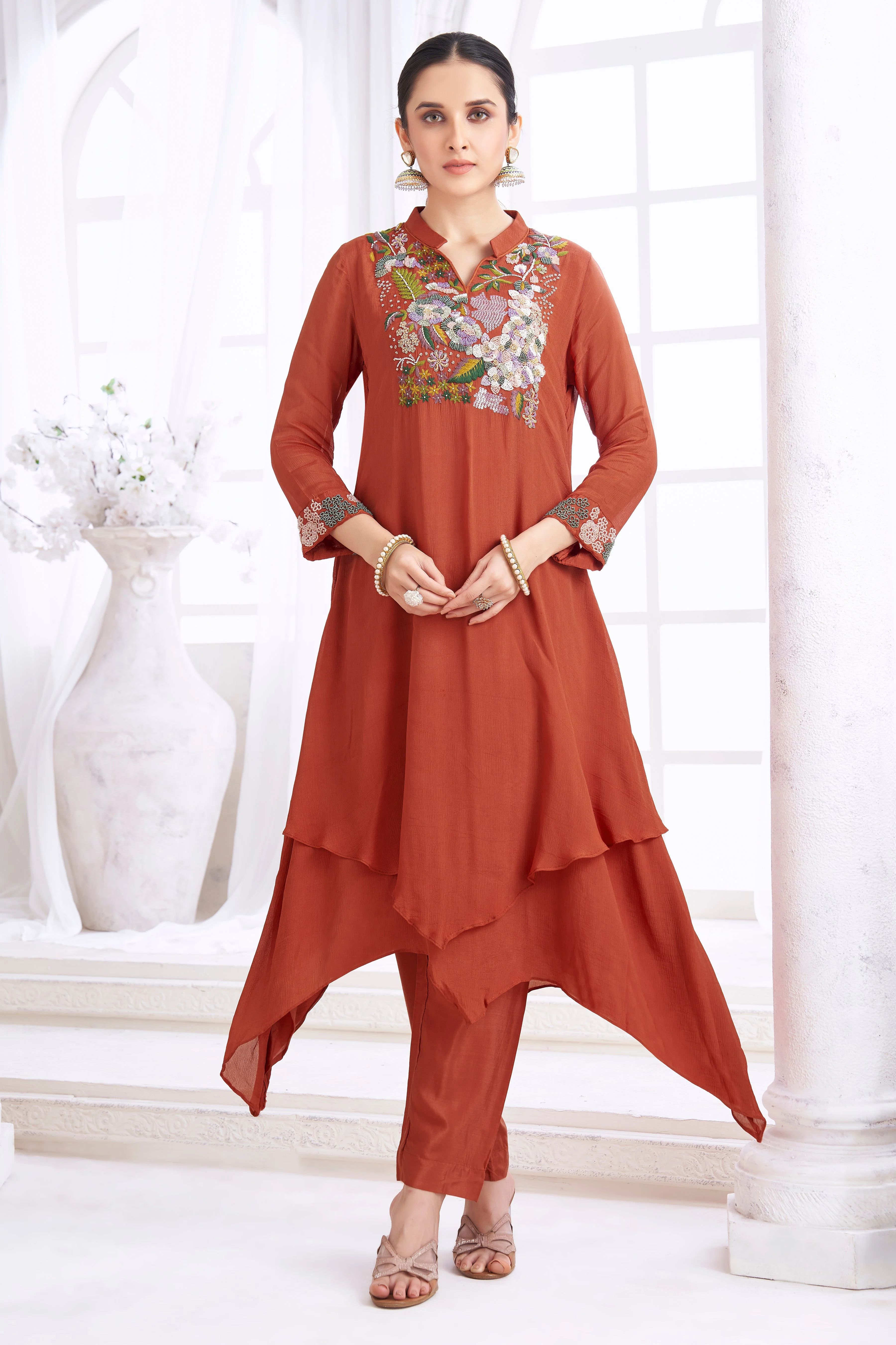 Reddish-Brown Embellished Chinon Silk Kurta Set