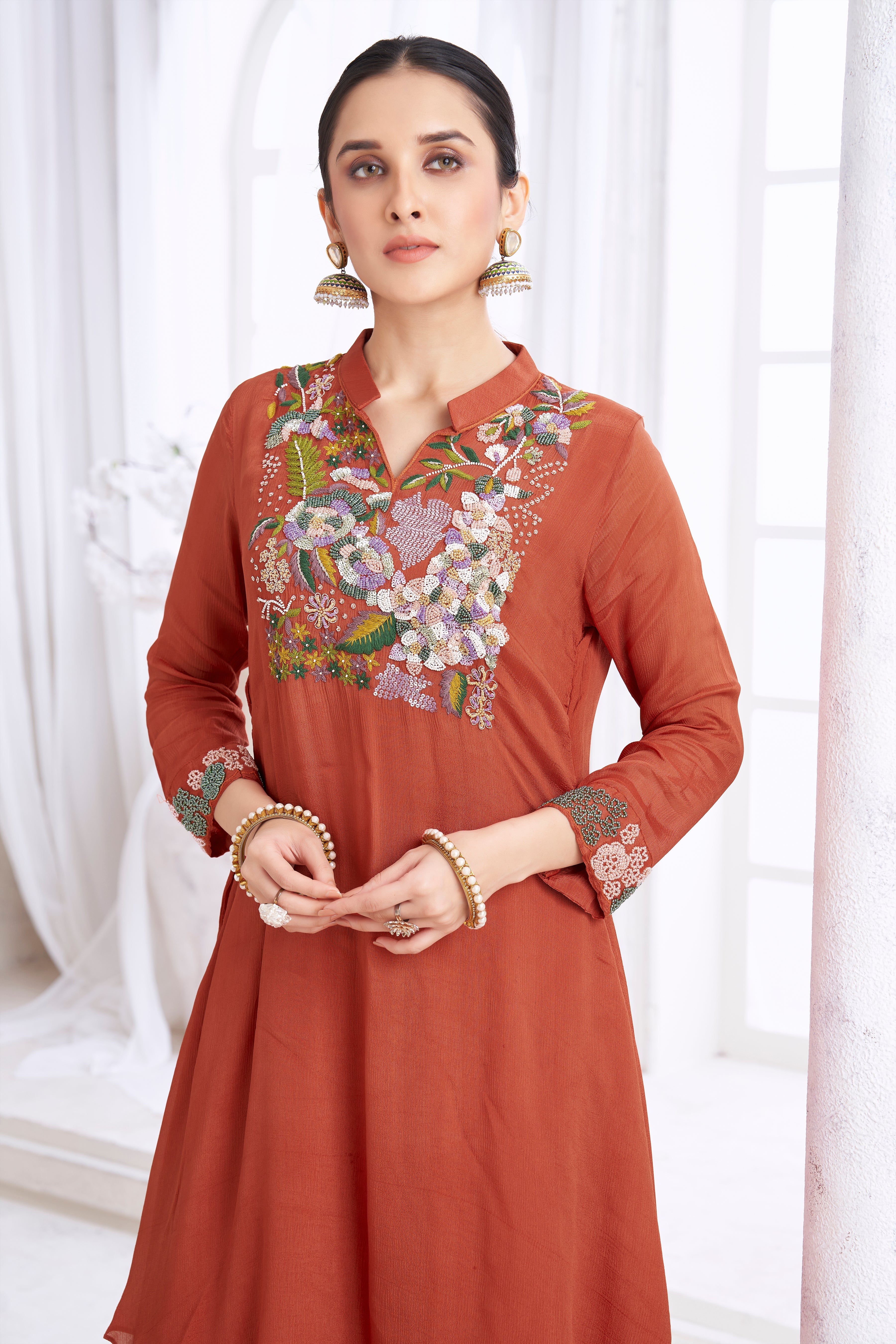 Reddish-Brown Embellished Chinon Silk Kurta Set - Image 2