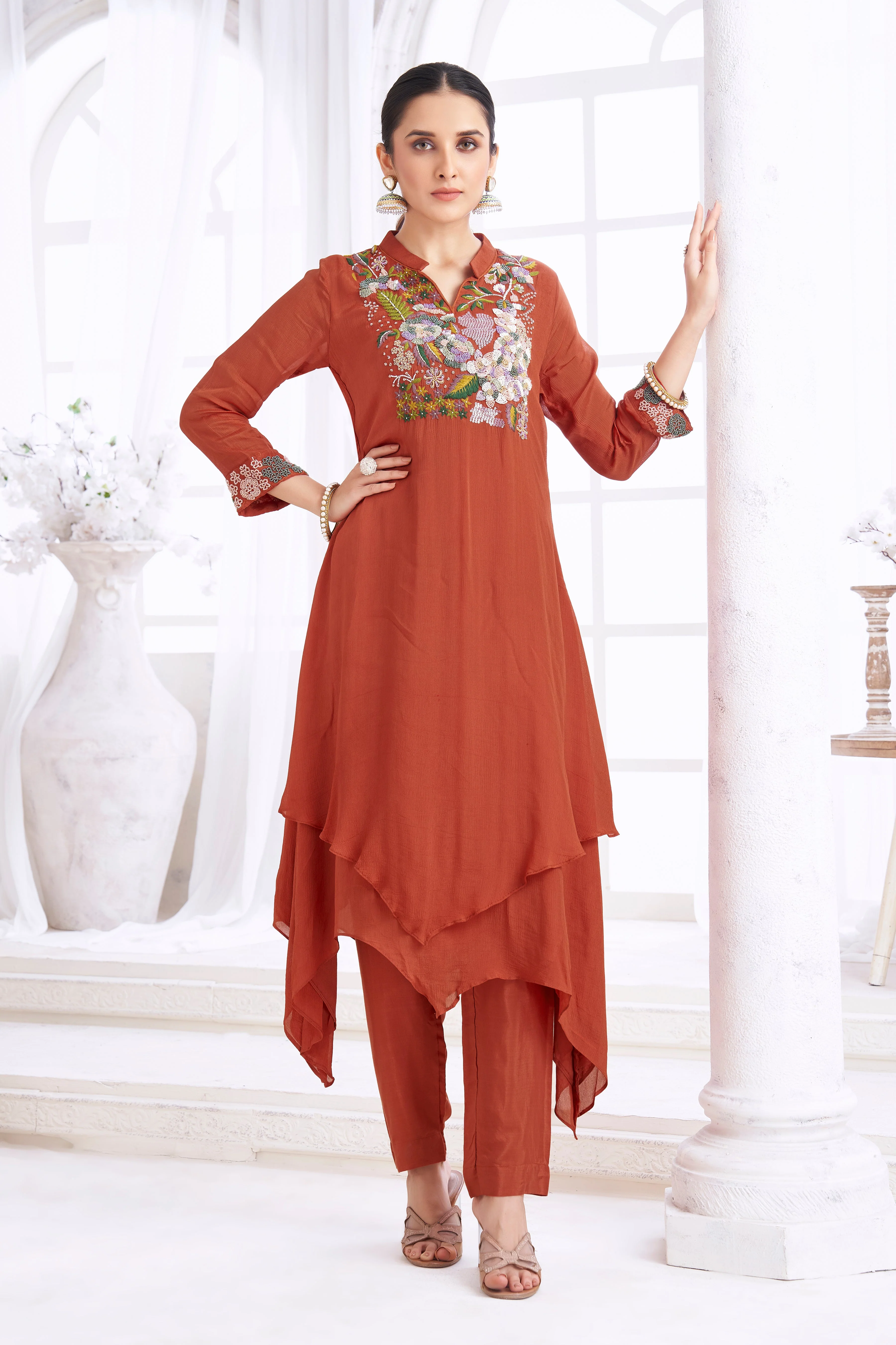 Reddish-Brown Embellished Chinon Silk Kurta Set - Image 3