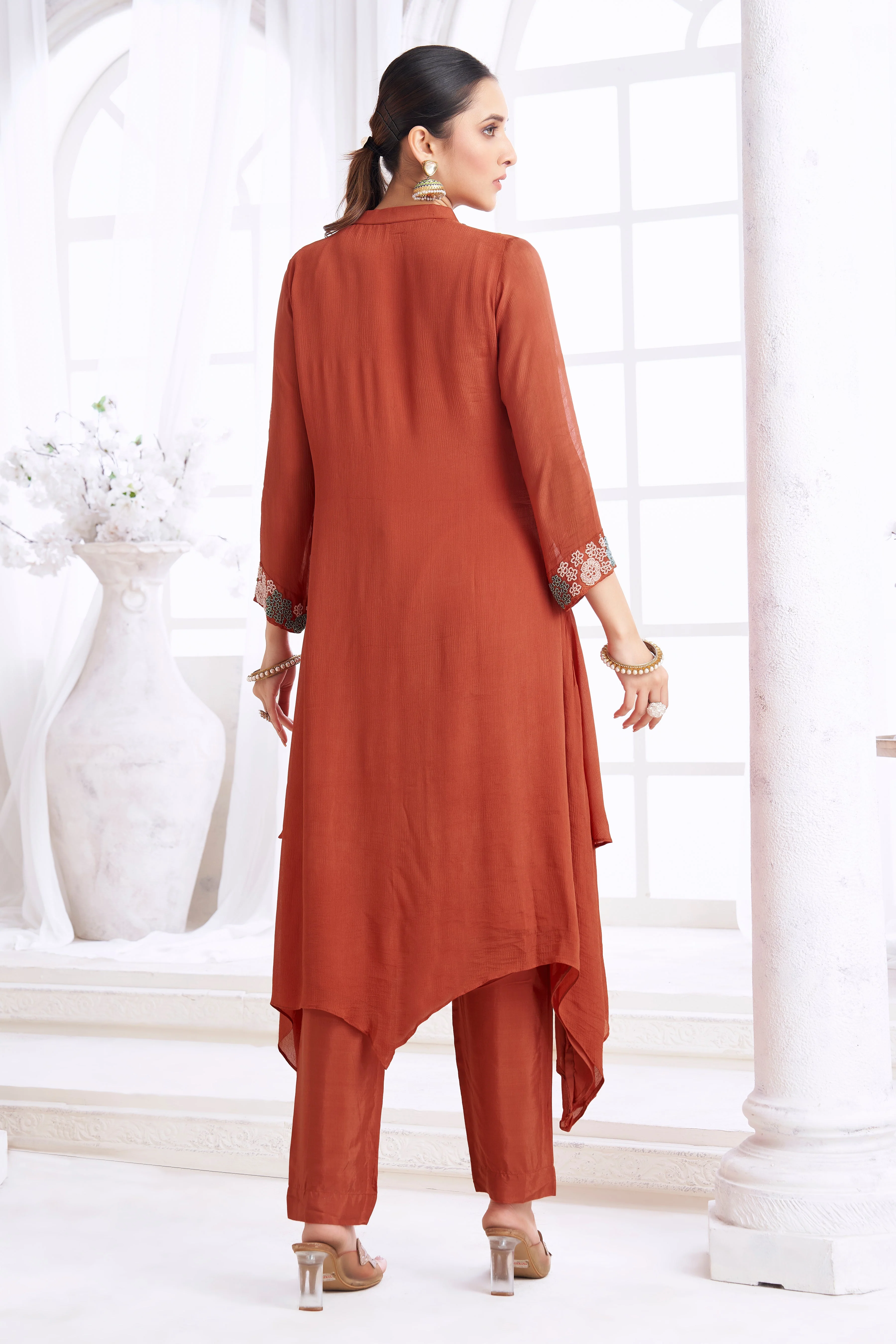 Reddish-Brown Embellished Chinon Silk Kurta Set - Image 4